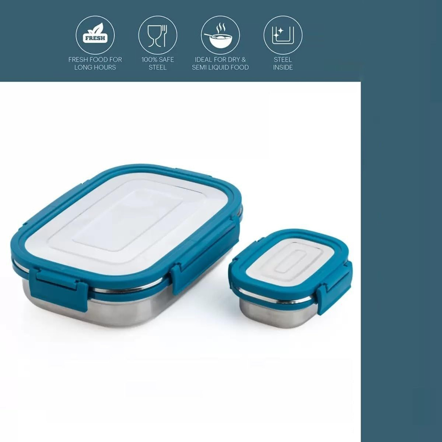 Image of BLLUEX Craze Stainless Steel Tiffin Lunch Box Container /Dabba with 4 Side Clip Lock Lid 2 Containers Stainless Steel School Lunch Box