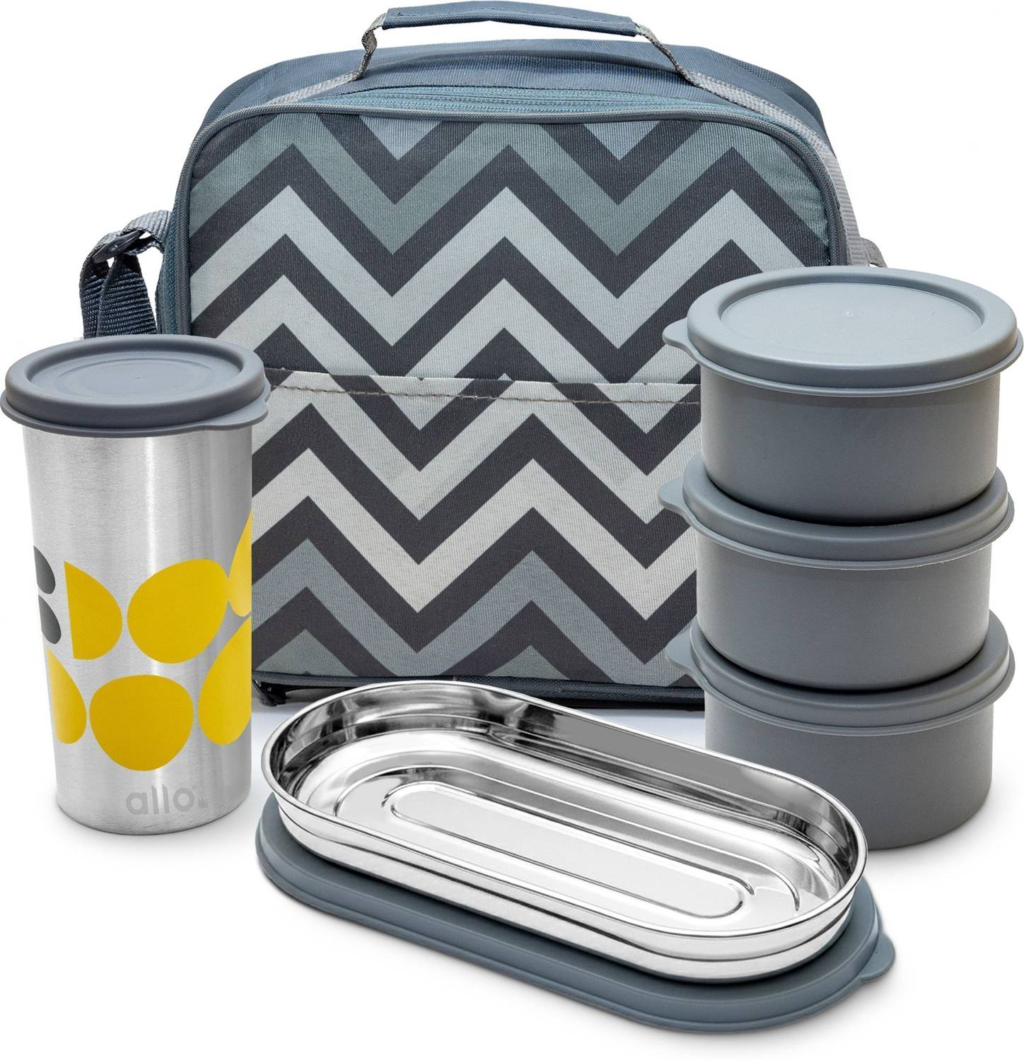Allo Stainless Steel Lunch Box for Office with Bag, Microwave Safe, Set of 4, Tumbler 4 Containers Stainless Steel College Lunch Box