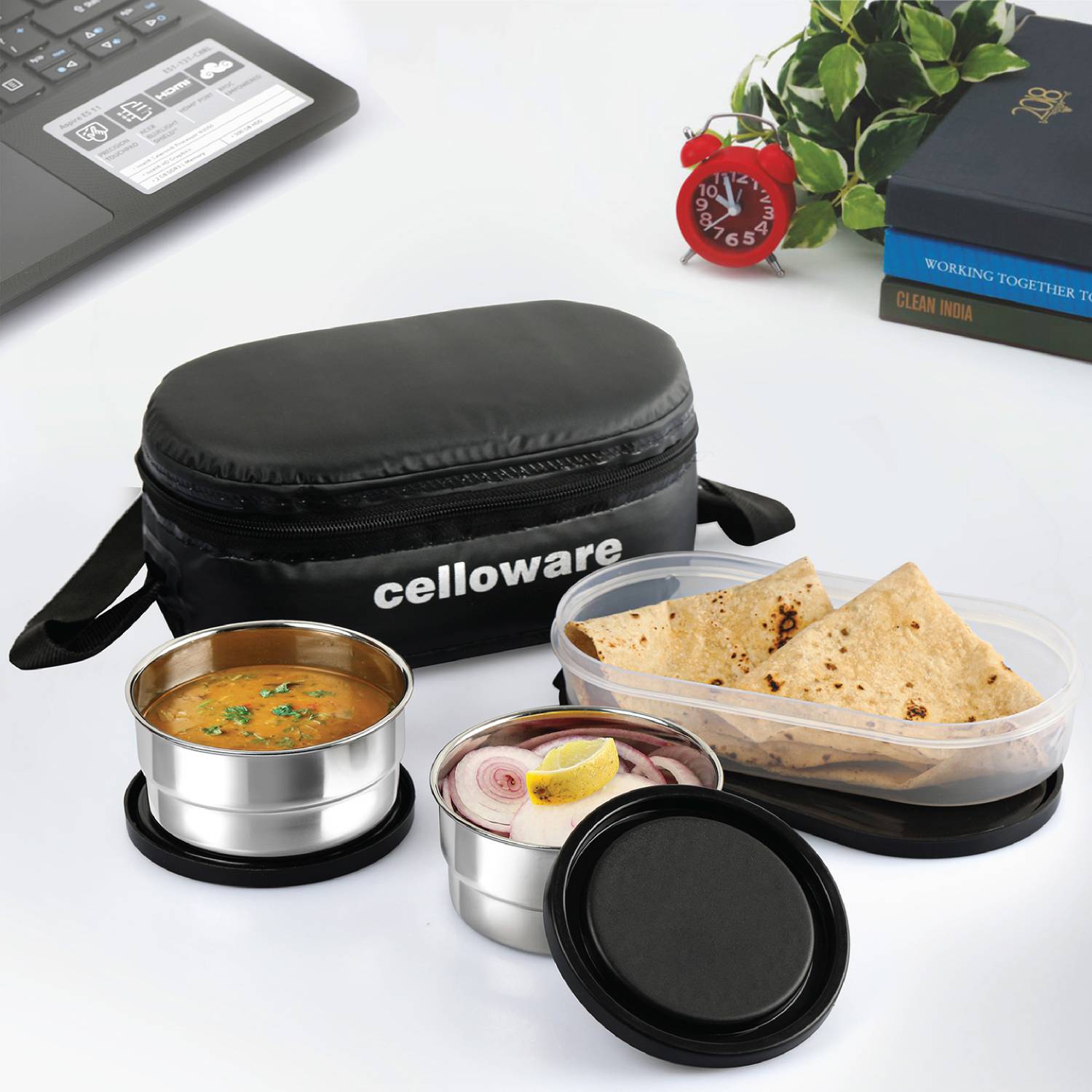 cello Double treat Lunch Box - 3 container 3 Containers Stainless Steel, Plastic Office Lunch Box — Lunch Boxes & Tiffins