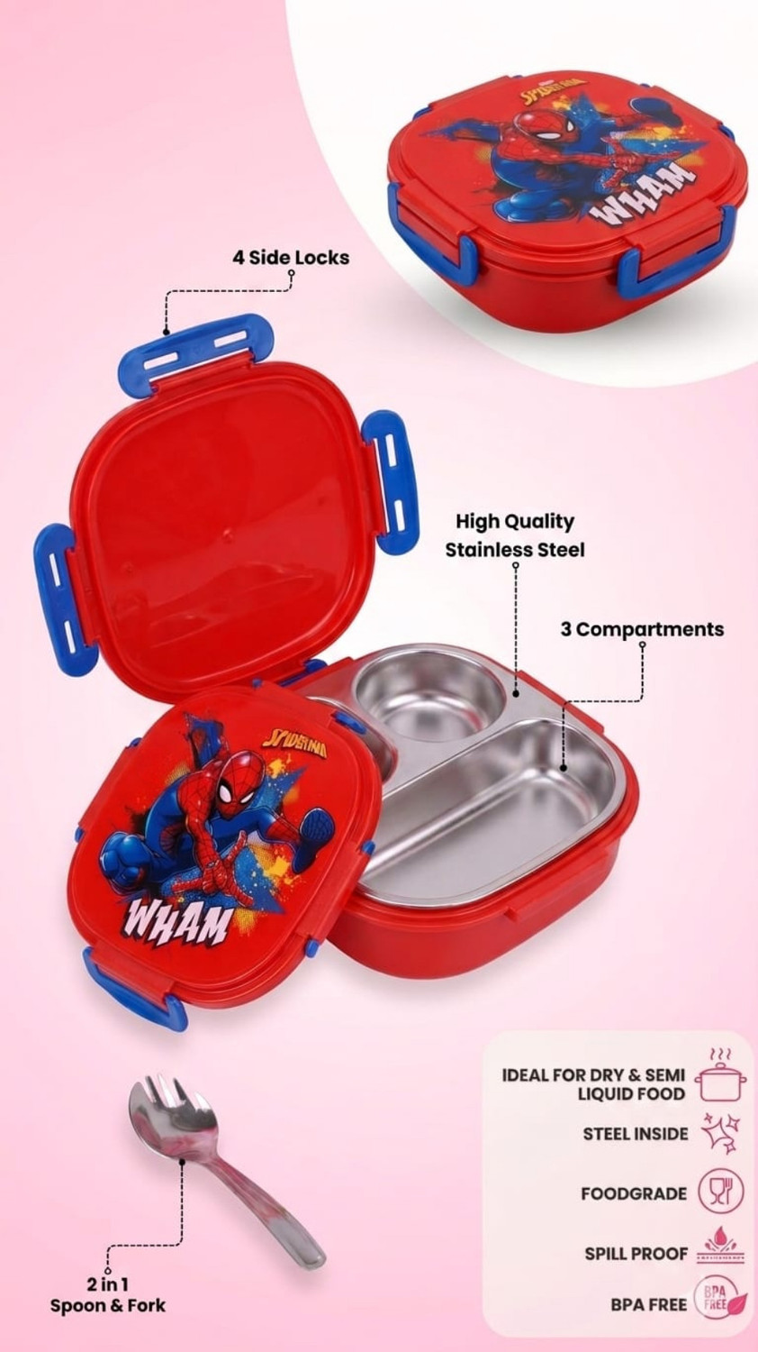 Image of Himanshi Plus Kids Spiderman Stainless Steel Lunch Box with Spoon || 3 Compartment Tiffin 3 Containers Stainless Steel School Lunch Box