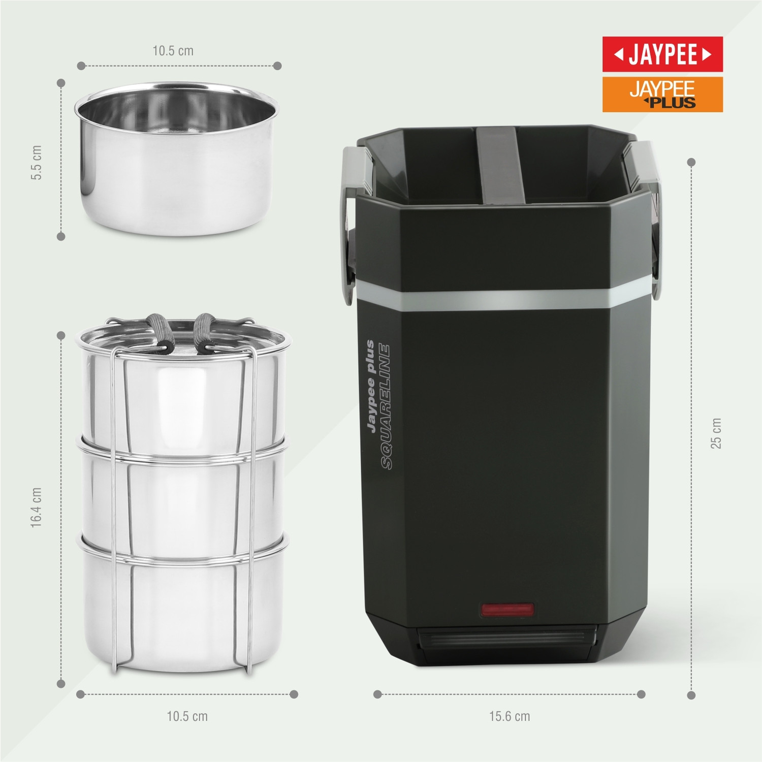 Image of Jaypee Plus SQUARELINE Office Electric Lunch box with 3 steel containers with Power Cord 3 Containers Stainless Steel, Plastic Office Lunch Box (350 ml)