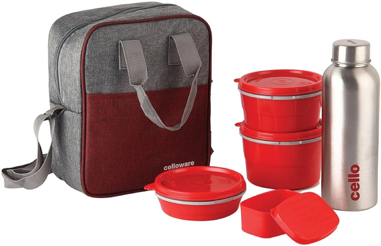 cello MF Optima Combo Lunch Box Set of 5 with Fabric Bag 4 Containers Stainless Steel Office Lunch Box — Lunch Boxes & Tiffins