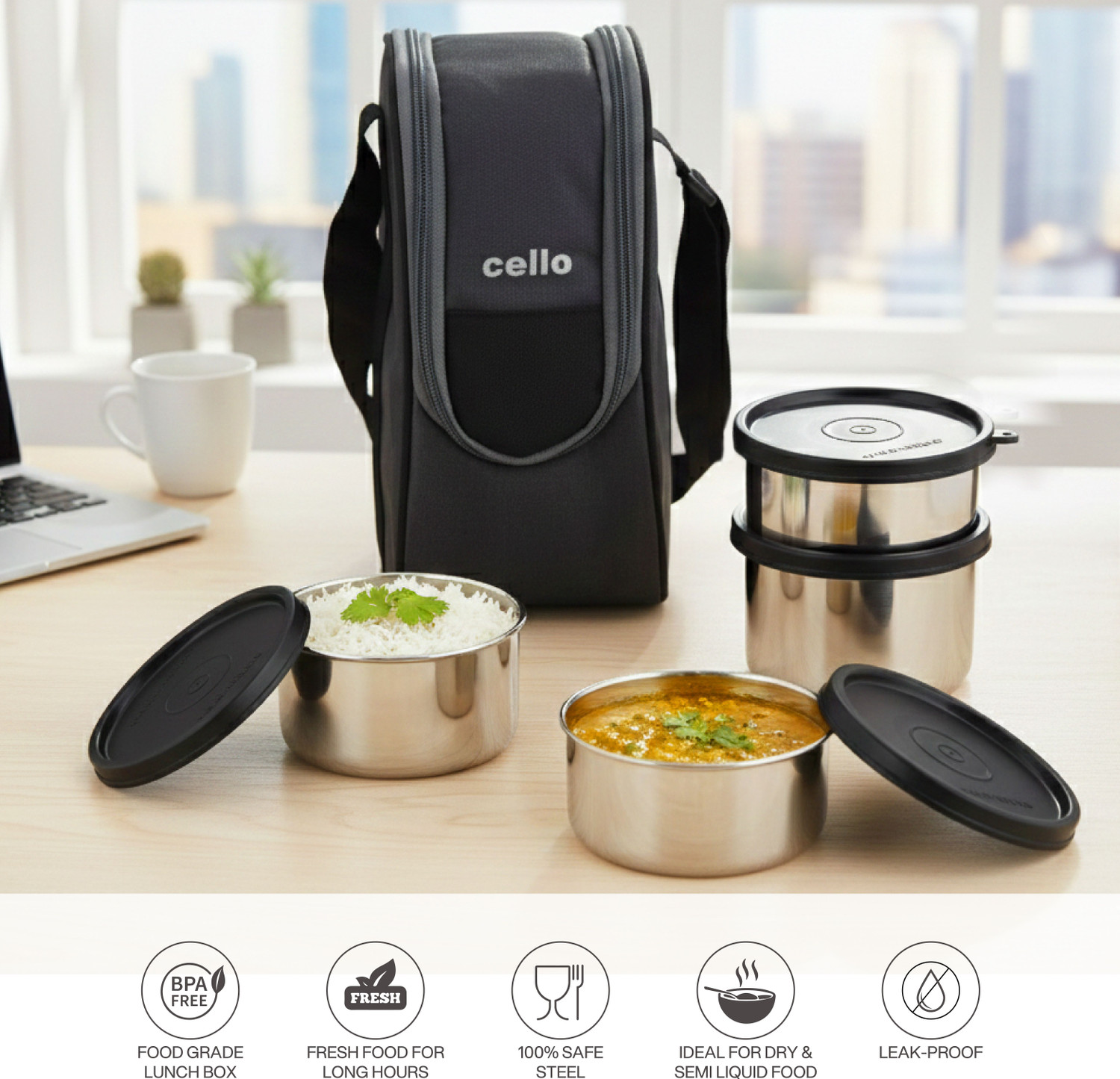 Image of cello Steelox Black Set of 4 (225ml, 375ml, 2 x 550ml) Containers with Bag 4 Containers Stainless Steel Office Lunch Box