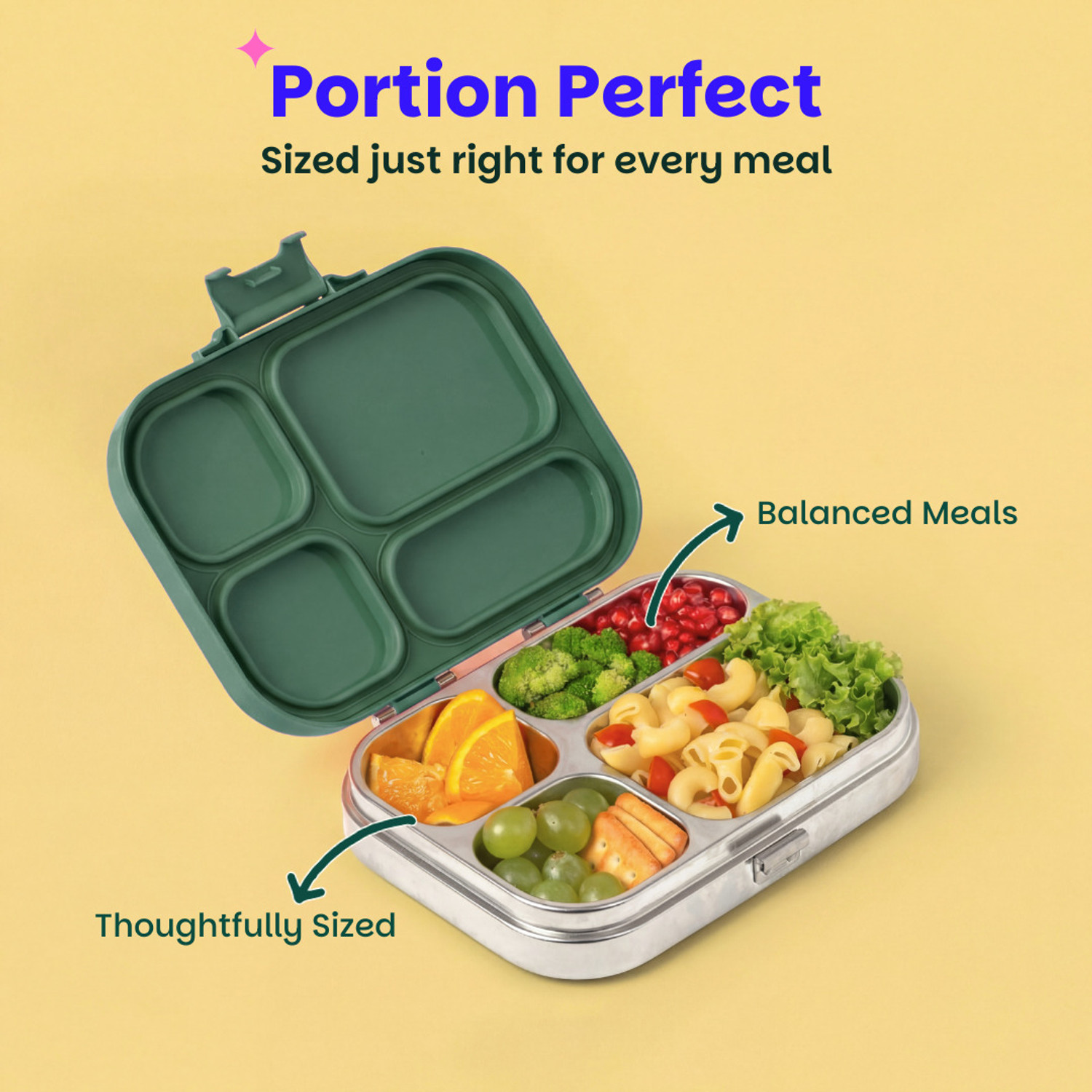 Image of BASIL Stainless Steel 4 Compartment Bento Lunch Box, BPA-Free Lid, 800ml - Wild Wood 4 Containers Stainless Steel Office Lunch Box