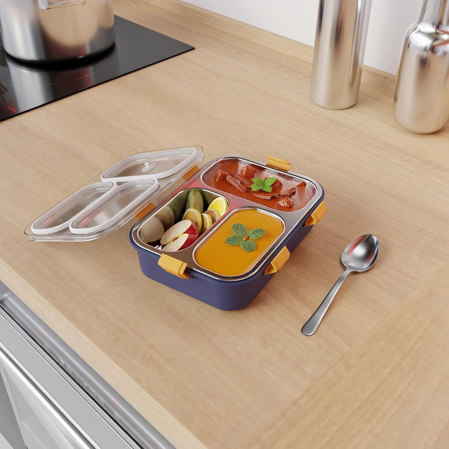 Image of SmartKids Kids Stainless Steel Lunch Box with 3 Compartments Leakproof School Tiffin 3 Containers Stainless Steel School Lunch Box