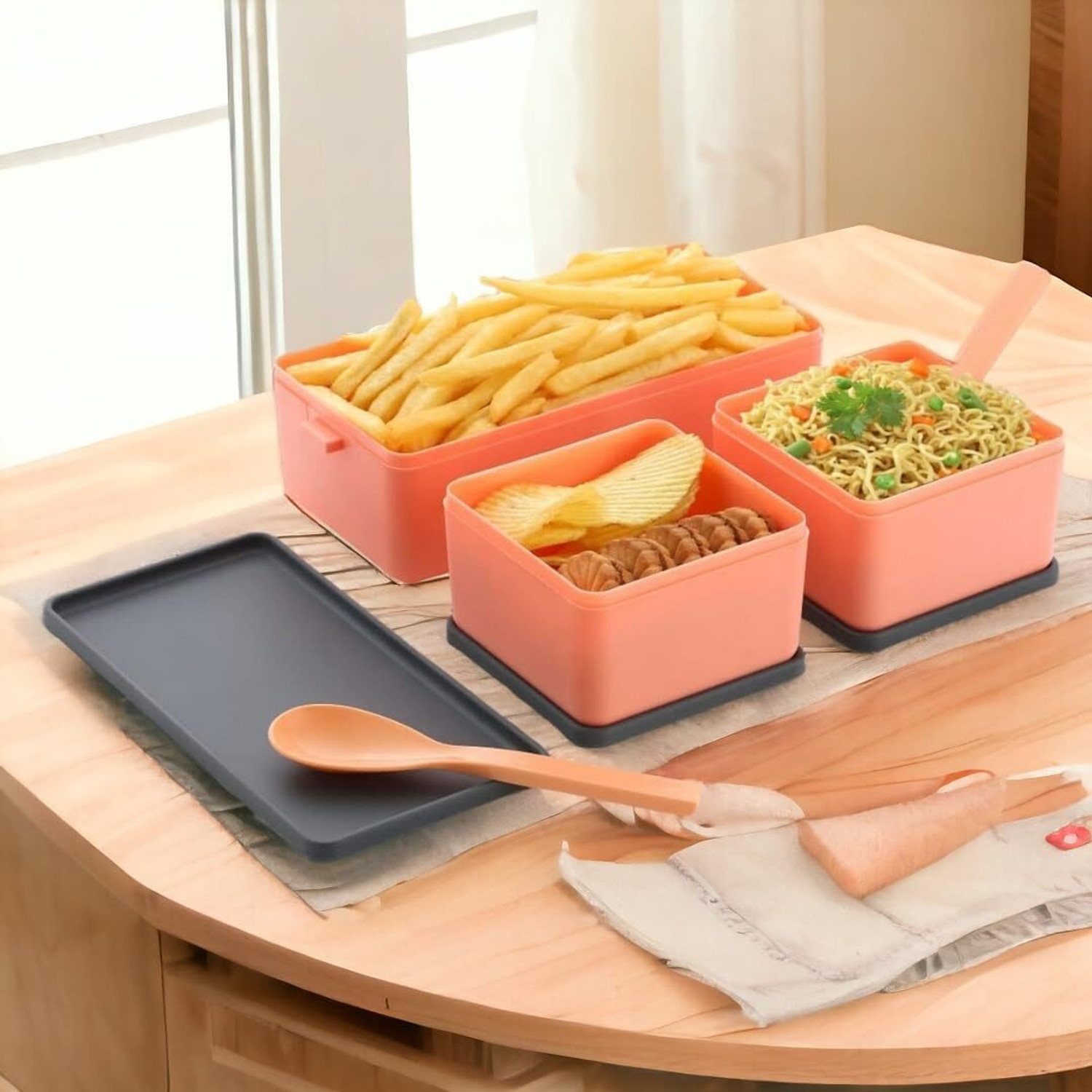 Image of OMORTEX 3 compartments Lunch Box With spoon & Fork 3 Containers Plastic School Lunch Box