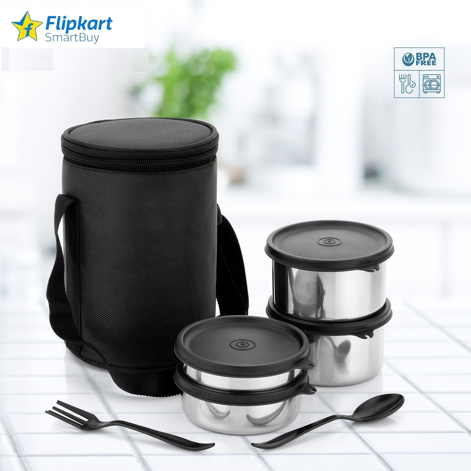 Image of Flipkart SmartBuy WONDERFUL DESIGN OF STAINLESS STEEL LUNCHBOX IN BLACK COLOR WITH SPOON & FORK 4 Containers Stainless Steel Office Lunch Box