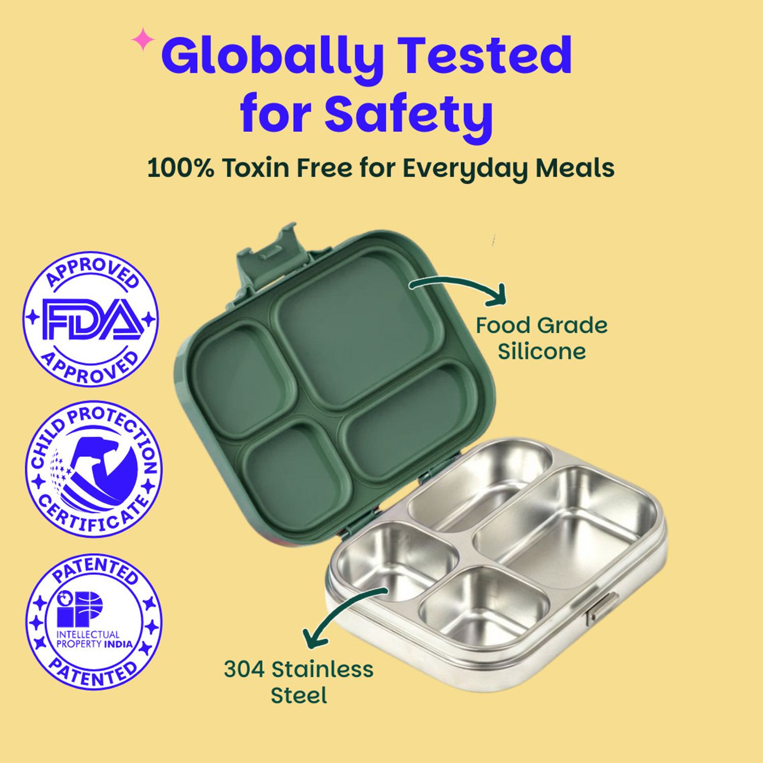 Image of BASIL Stainless Steel 4 Compartment Bento Lunch Box, BPA-Free Lid, 800ml - Wild Wood 4 Containers Stainless Steel Office Lunch Box