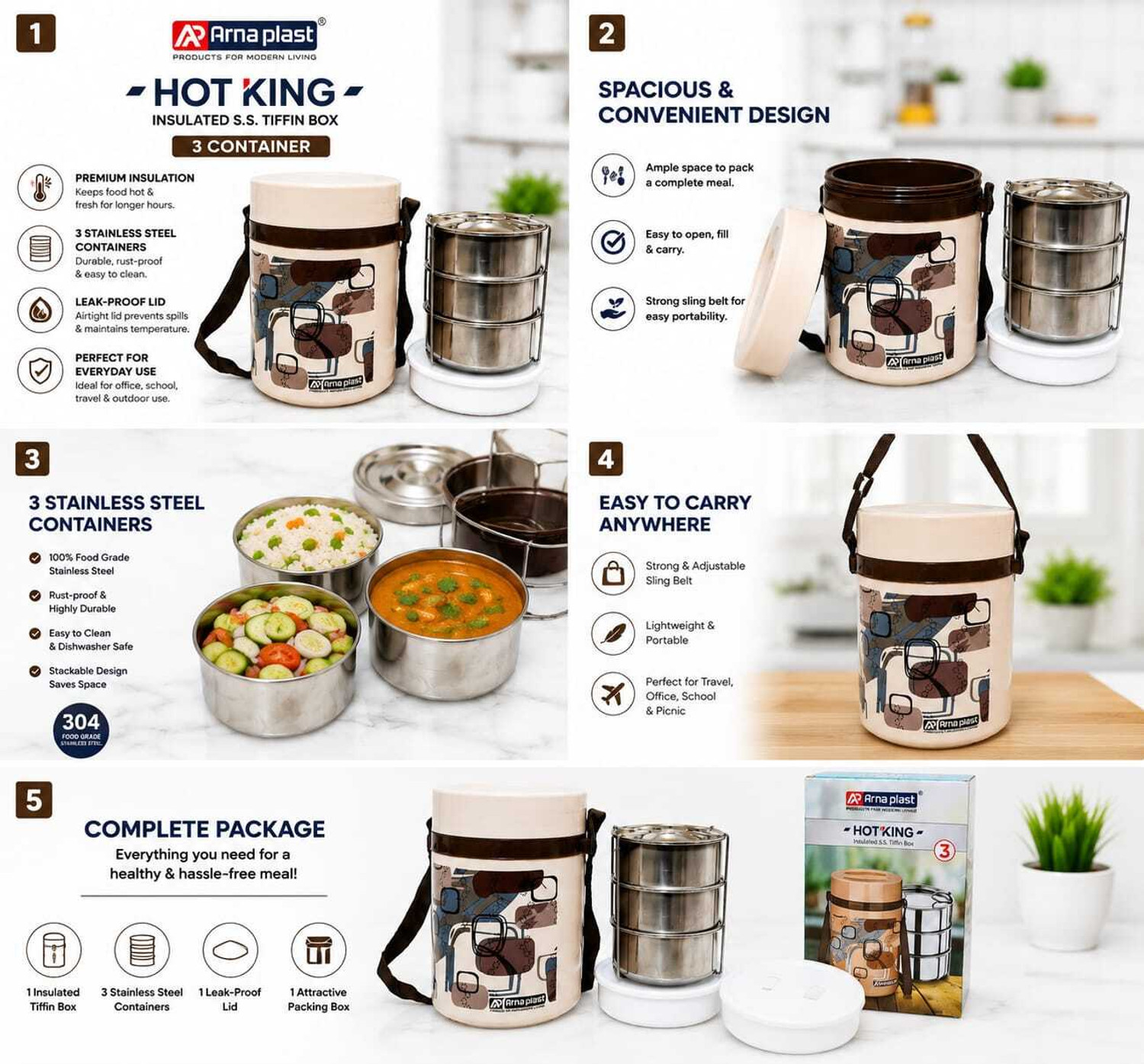 Image of PRDENTERPRISES 3 Layer Stainless Steel Lunch Box with Insulated Outer Container & Carry Strap 3 Containers Stainless Steel Office Lunch Box