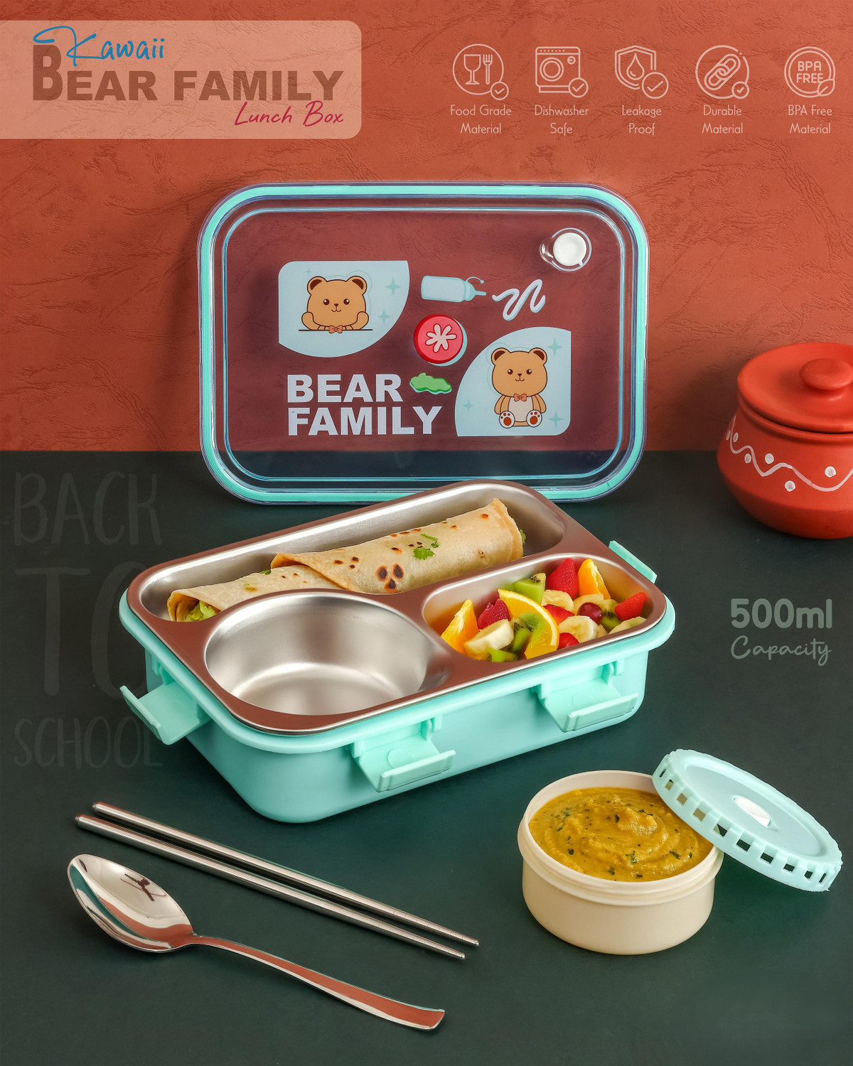 Image of Boxito Bear Family Kawaii Lunch Box 3 Containers Stainless Steel, Plastic, Silicone School Lunch Box