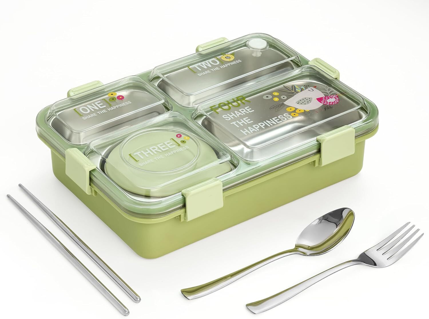 Image of RBGIIT Happiness Bento 4 Section Stainless Steel Lunch Box With Spoon & Chopsticks 4 Containers Stainless Steel Office Lunch Box