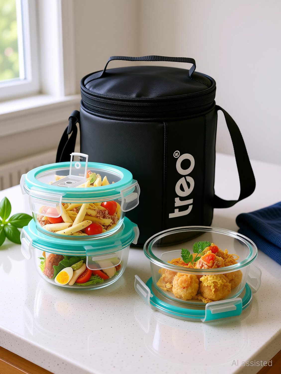 Image of TREO All Weather Round Glass Lunch Box Set of 3, 400ml Each, Leakproof Jacket, Black 3 Containers Glass Office Lunch Box
