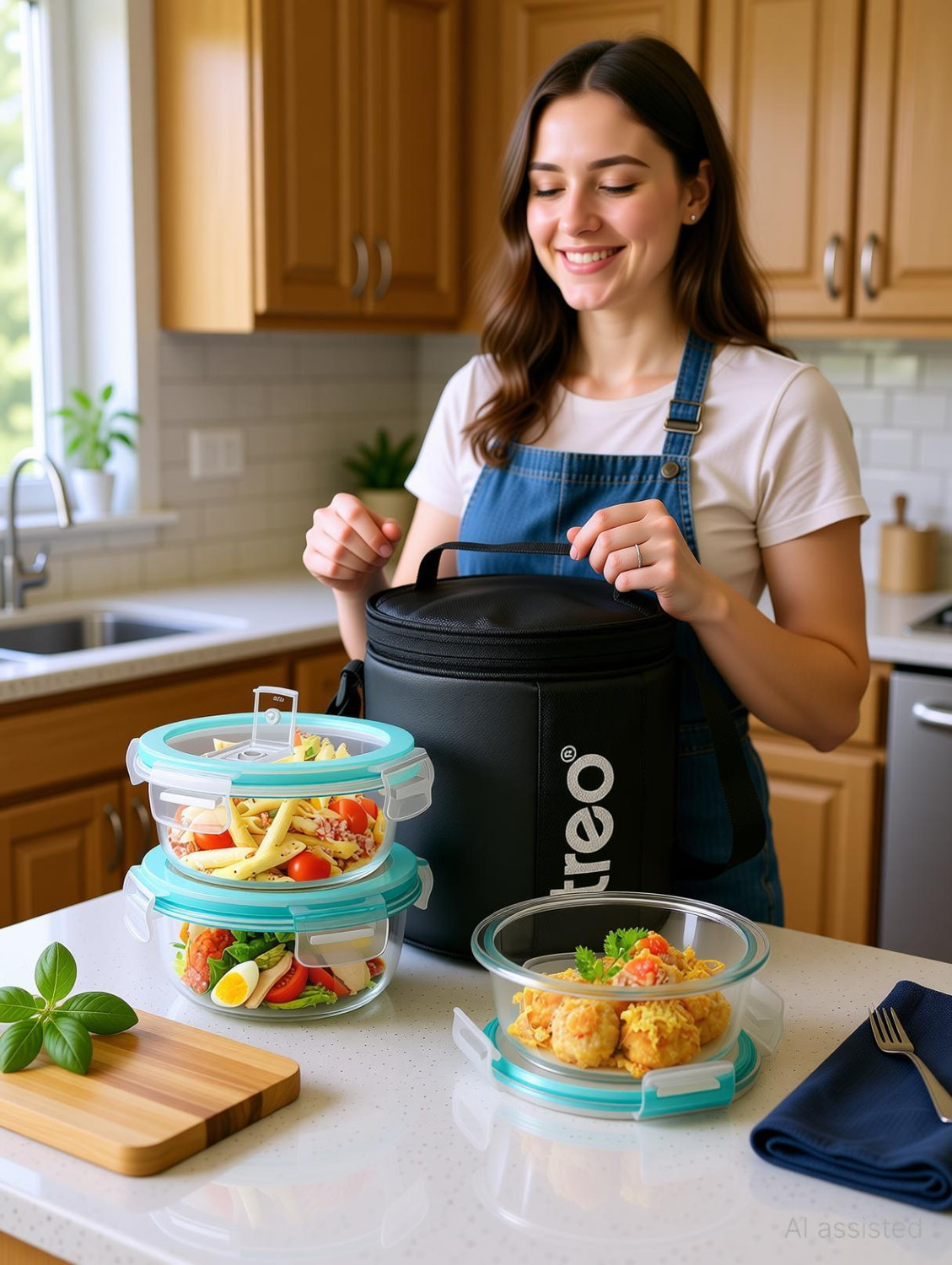 Image of TREO All Weather Round Glass Lunch Box Set of 3, 400ml Each, Leakproof Jacket, Black 3 Containers Glass Office Lunch Box