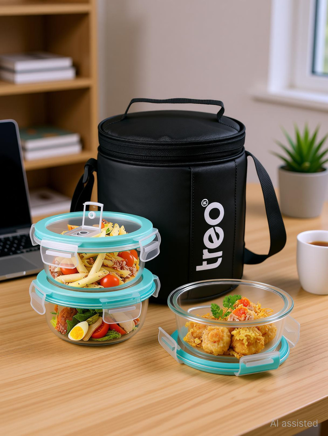 Image of TREO All Weather Round Glass Lunch Box Set of 3, 400ml Each, Leakproof Jacket, Black 3 Containers Glass Office Lunch Box