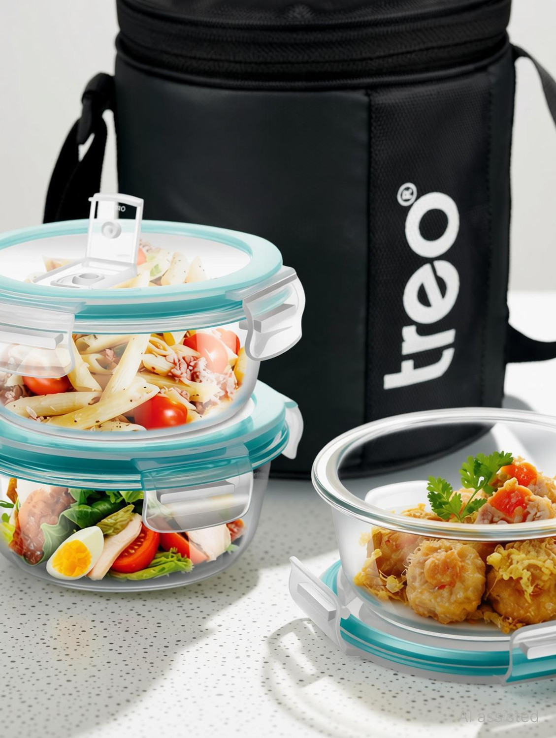 Image of TREO All Weather Round Glass Lunch Box Set of 3, 400ml Each, Leakproof Jacket, Black 3 Containers Glass Office Lunch Box
