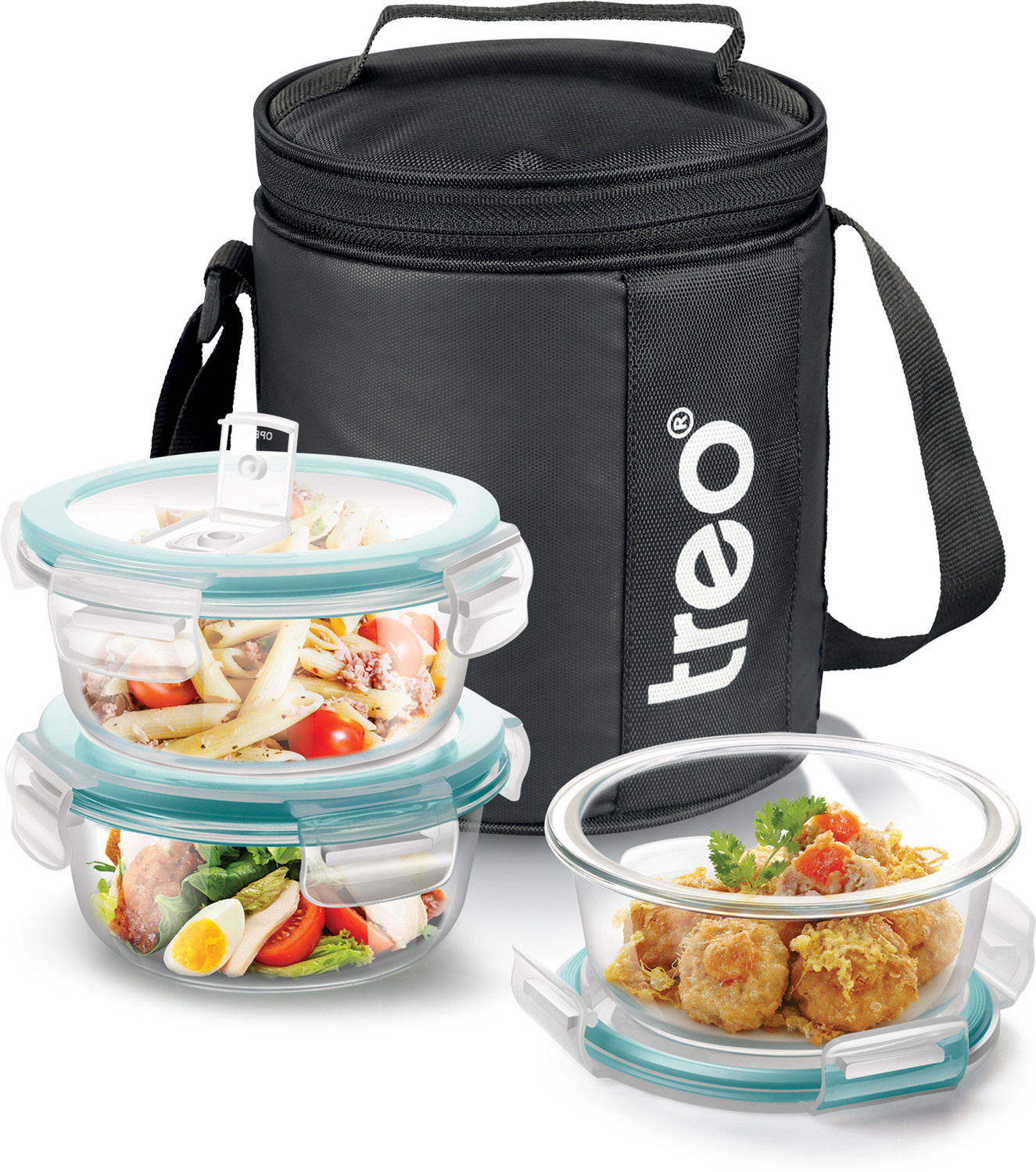 Image of TREO All Weather Round Glass Lunch Box Set of 3, 400ml Each, Leakproof Jacket, Black 3 Containers Glass Office Lunch Box