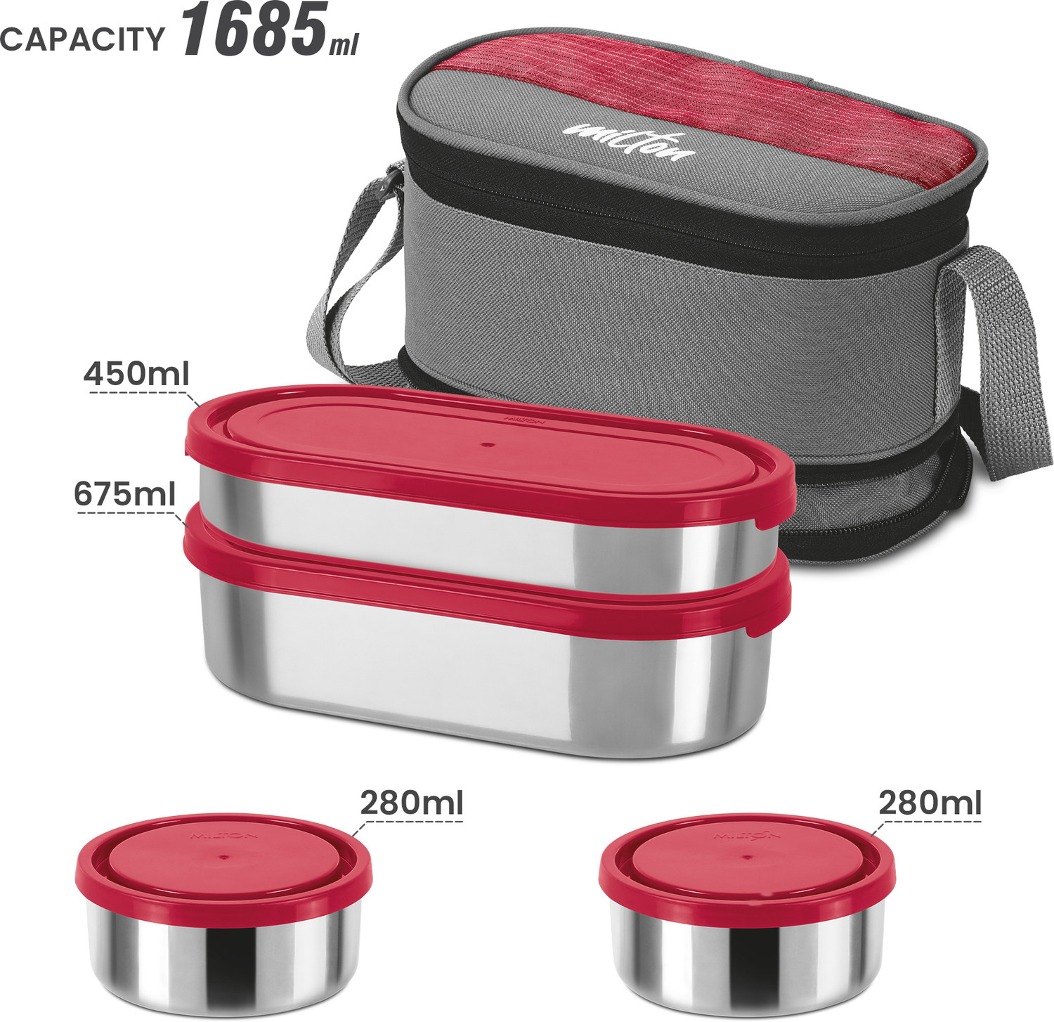 Image of MILTON Triple Decker Stainless Steel Lunch Box With Insulated Jacket, Red 4 Containers Stainless Steel Office Lunch Box