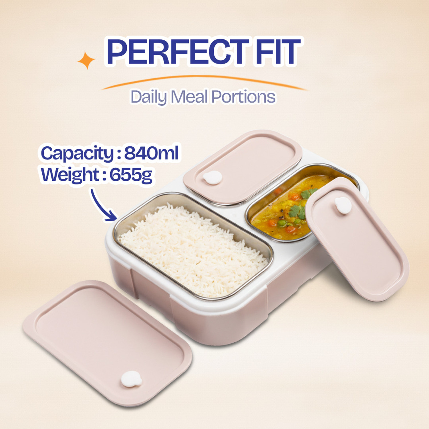 Image of MyneeMoe KOSTA-3 Insulated Stainless Steel Lunch Box 3 Compartment Leakproof Bento Tiffin 3 Containers Stainless Steel, Plastic School Lunch Box
