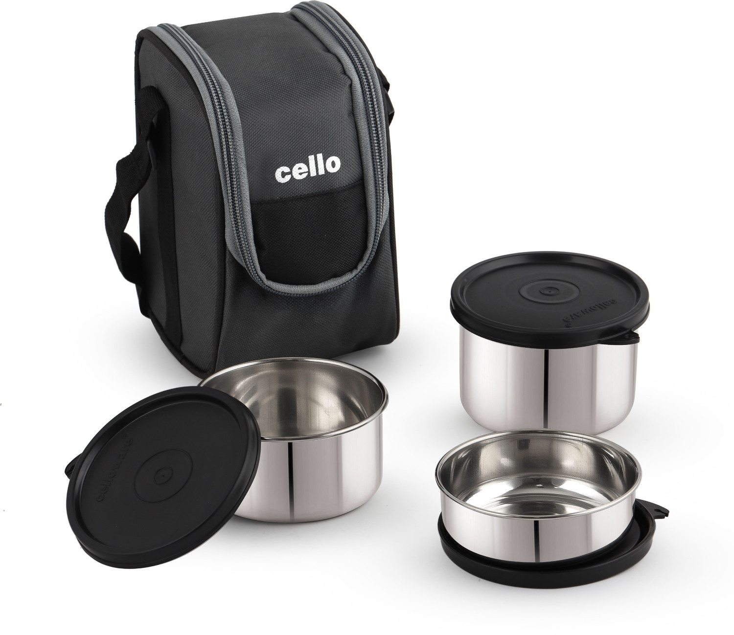 Image of cello Steelox Black Set of 3 (225ml, 375ml, 550ml) Containers with Bag 3 Containers Stainless Steel Office Lunch Box