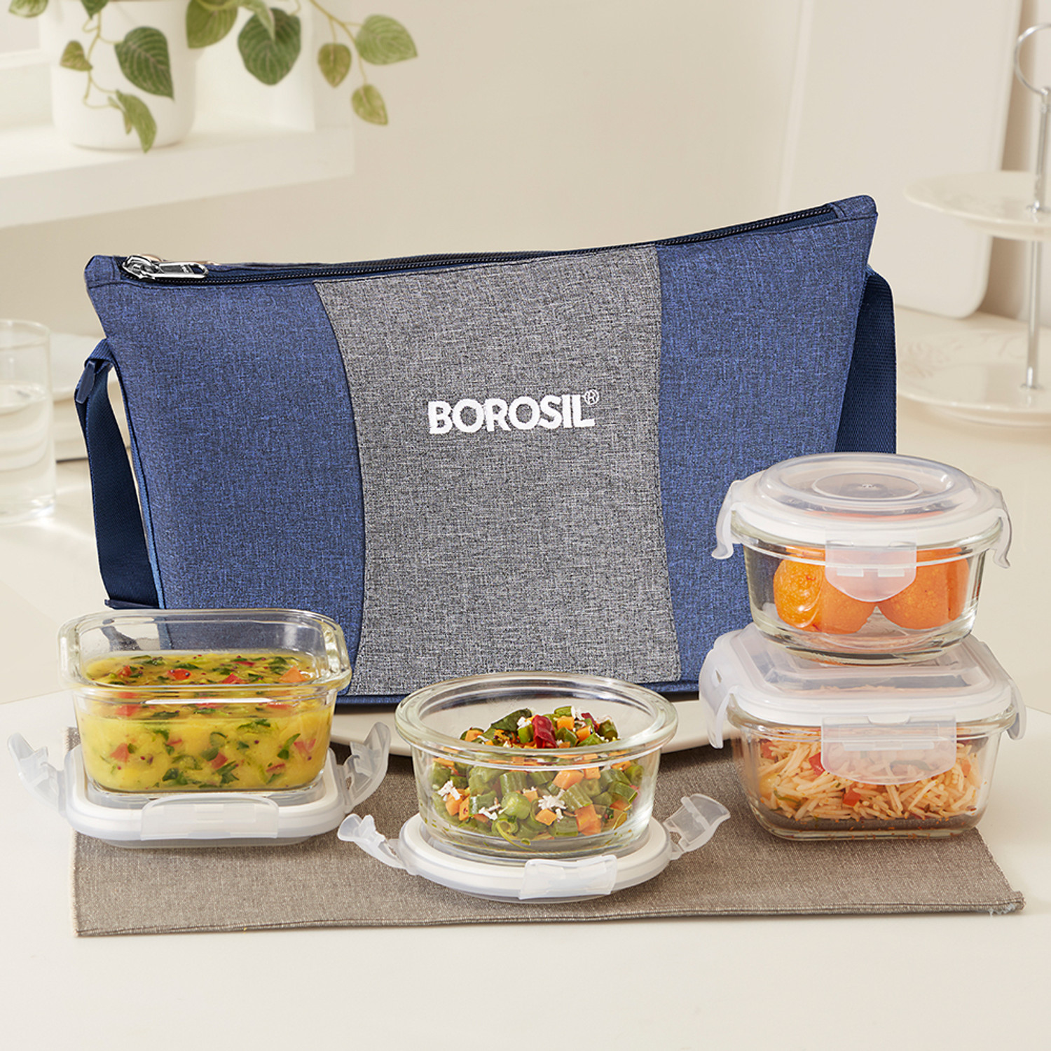 BOROSIL Alora Daisy Glass Lunchbox 4pc Set