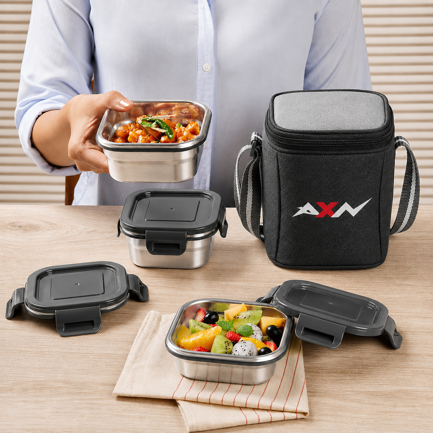 Image of AXN Stainless Steel Tiffin for Kid 3 Containers Stainless Steel School Lunch Box