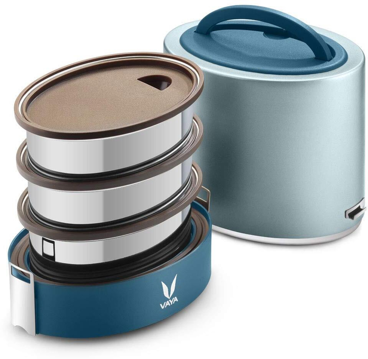 Image of Vaya Blue 1000 ml Stainless Steel Tiffin Box (Two 300 ml + One 400 ml Containers) 3 Containers Stainless Steel Office Lunch Box