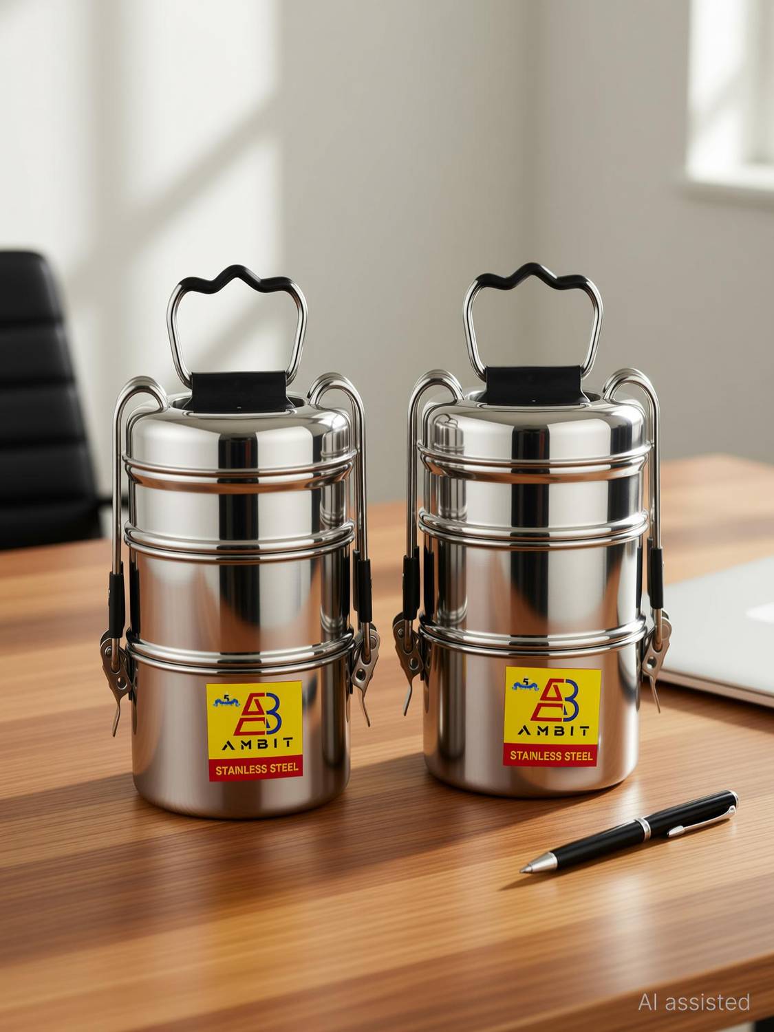 Ambit Stainless Steel Strong Clip Carrier Lunch Box 2 Lunch Box 6 Containers Stainless Steel Office Lunch Box