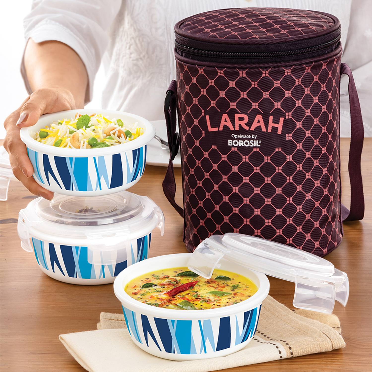 Larah by Borosil Geo Blue Opalware with Bag, Unisex for Office, School 3 Containers Opalware Office Lunch Box