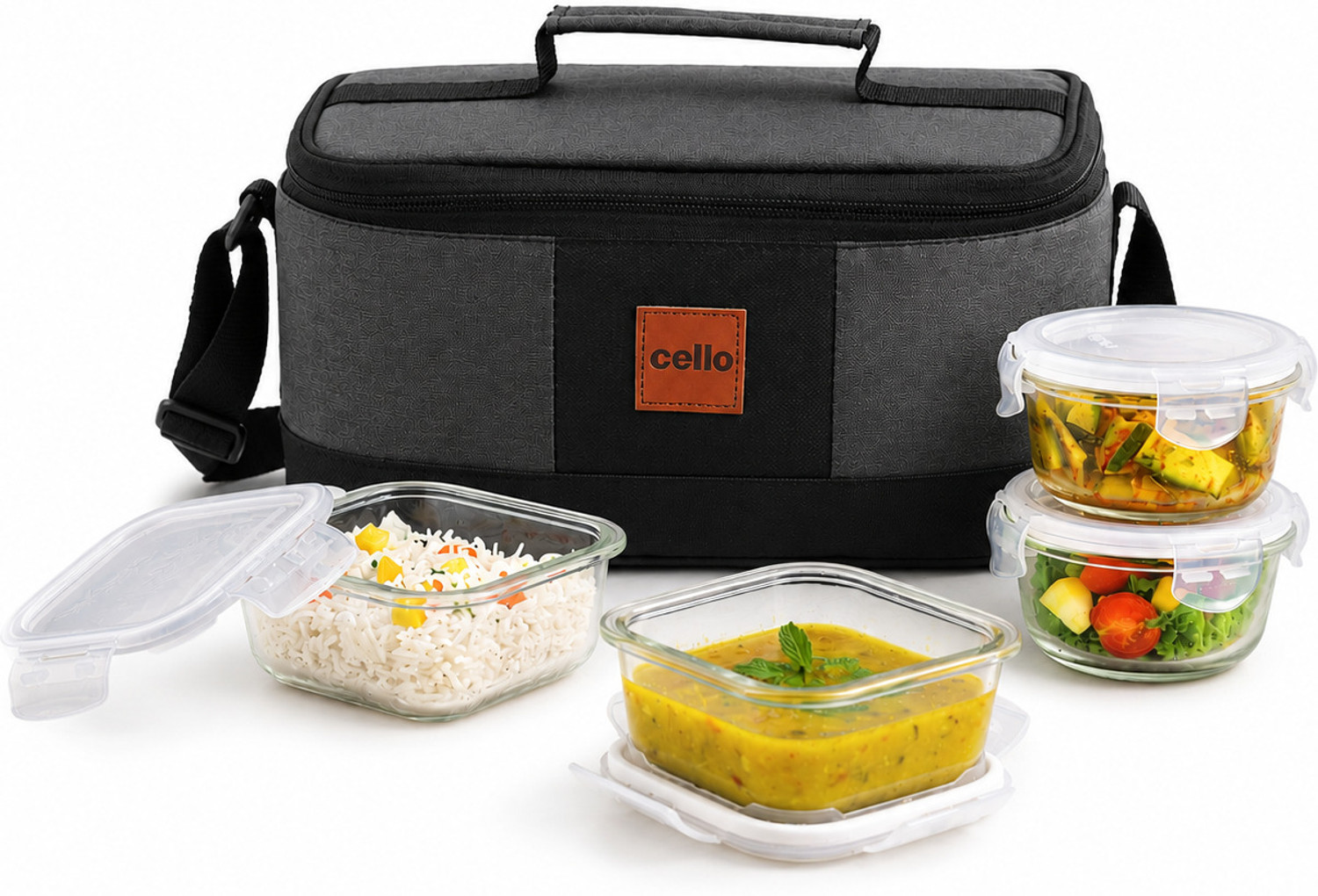 Image of cello Elite Pro fridge & microwave safe glass containers with jacket 4 Containers Glass Office Lunch Box (320 ml, Microwave Safe)