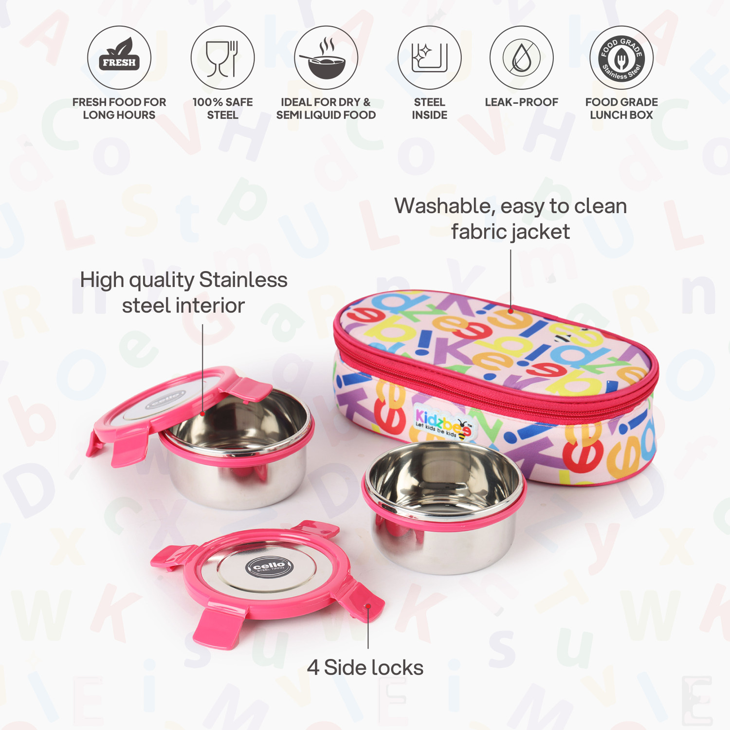 Image of cello Kidzbee Little Lunch Stainless Steel Leak Proof Meal Set with Jacket For Kids 2 Containers Stainless Steel School Lunch Box