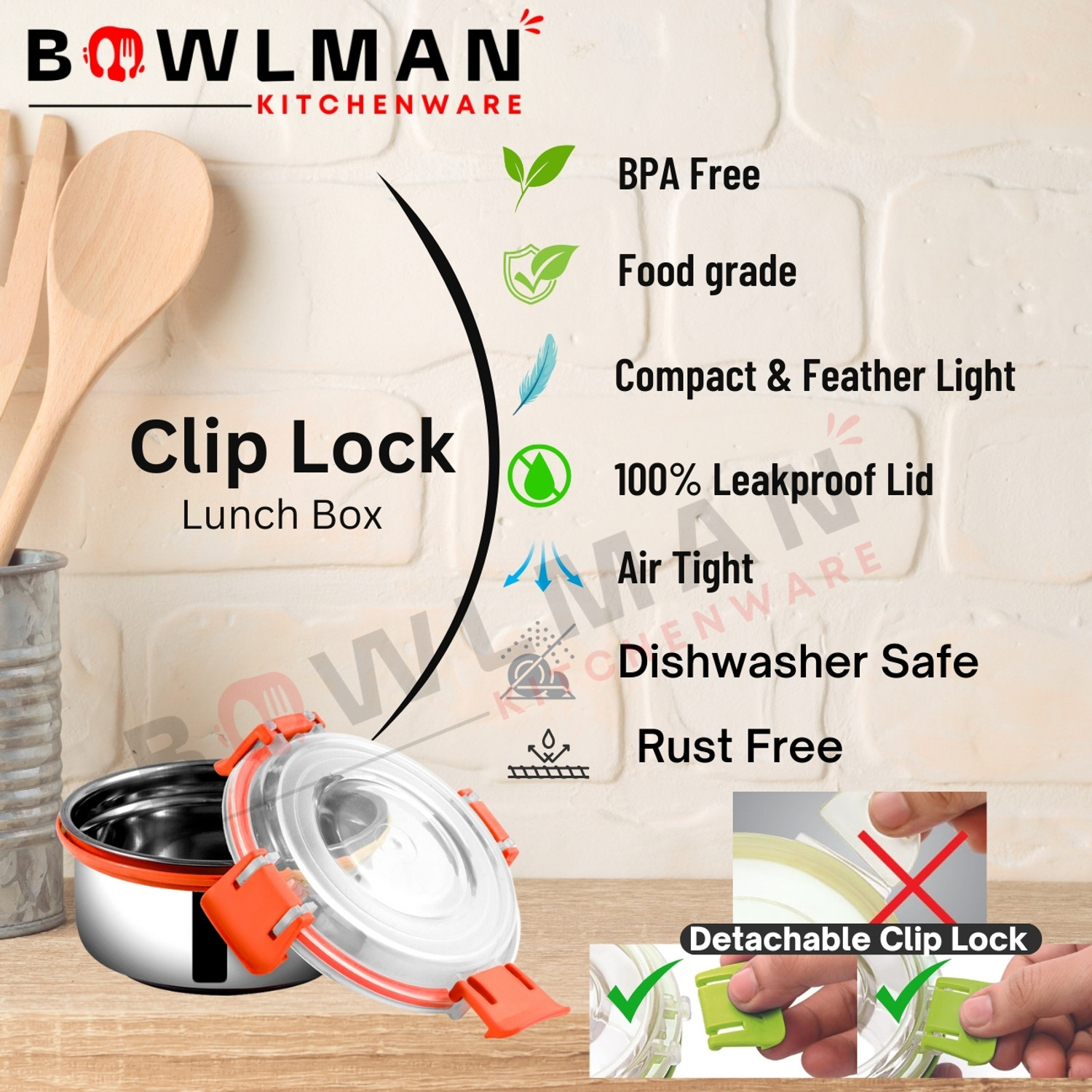 Image of BOWLMAN Lock n Lock Orange 2 Containers Stainless Steel School Lunch Box