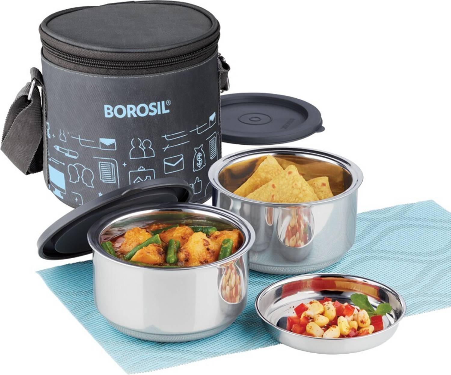 BOROSIL Carry Fresh Steel Lunchbox, 2pc Set (280ml Each) Vertical Tiffin for Office 2 Containers Stainless Steel Office Lunch Box