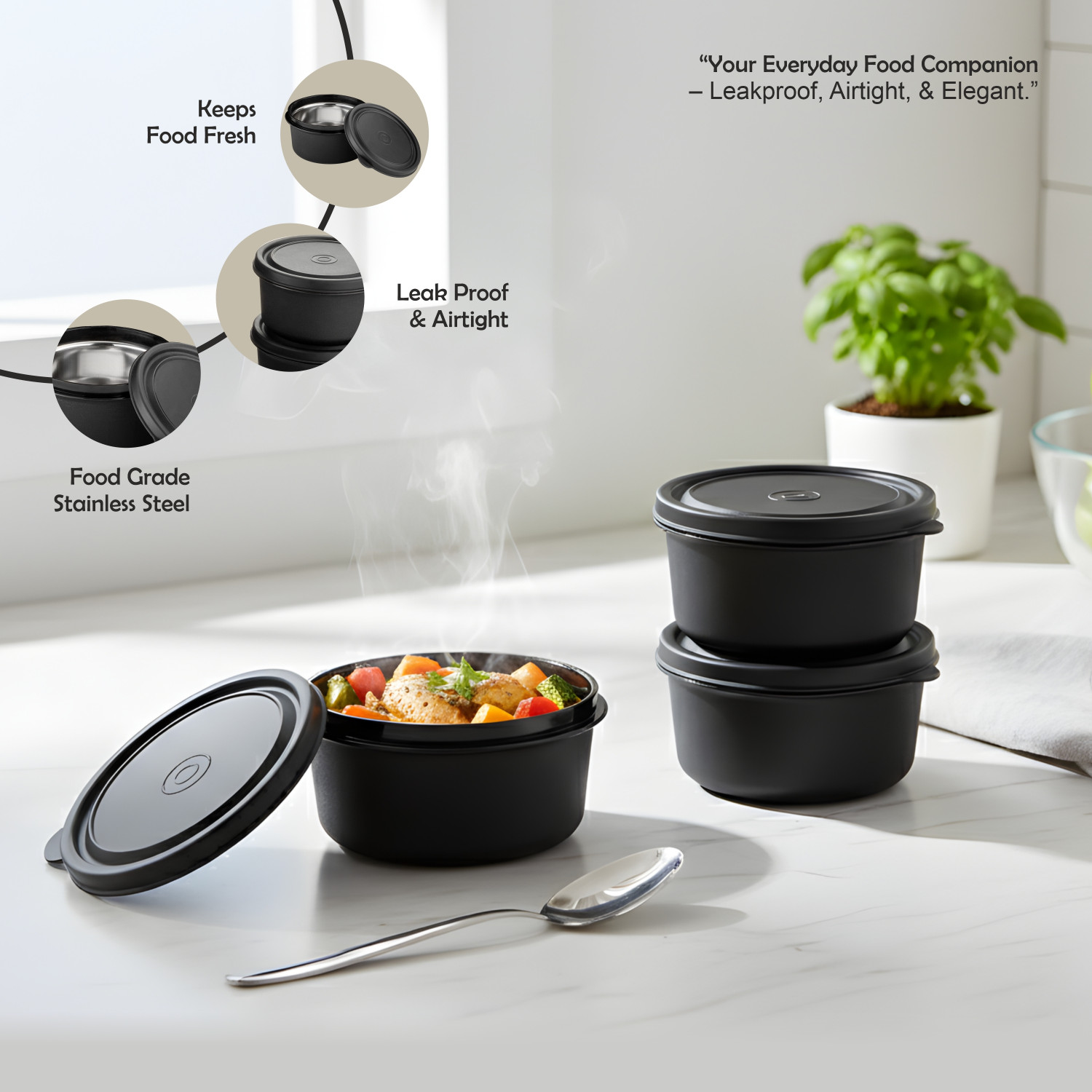 Image of NARIYA NEW LUNCHBOX SET WITH 3 CONTAINER 1 STEEL BOTTLE & SPOON SET 3 Containers Stainless Steel Office Lunch Box