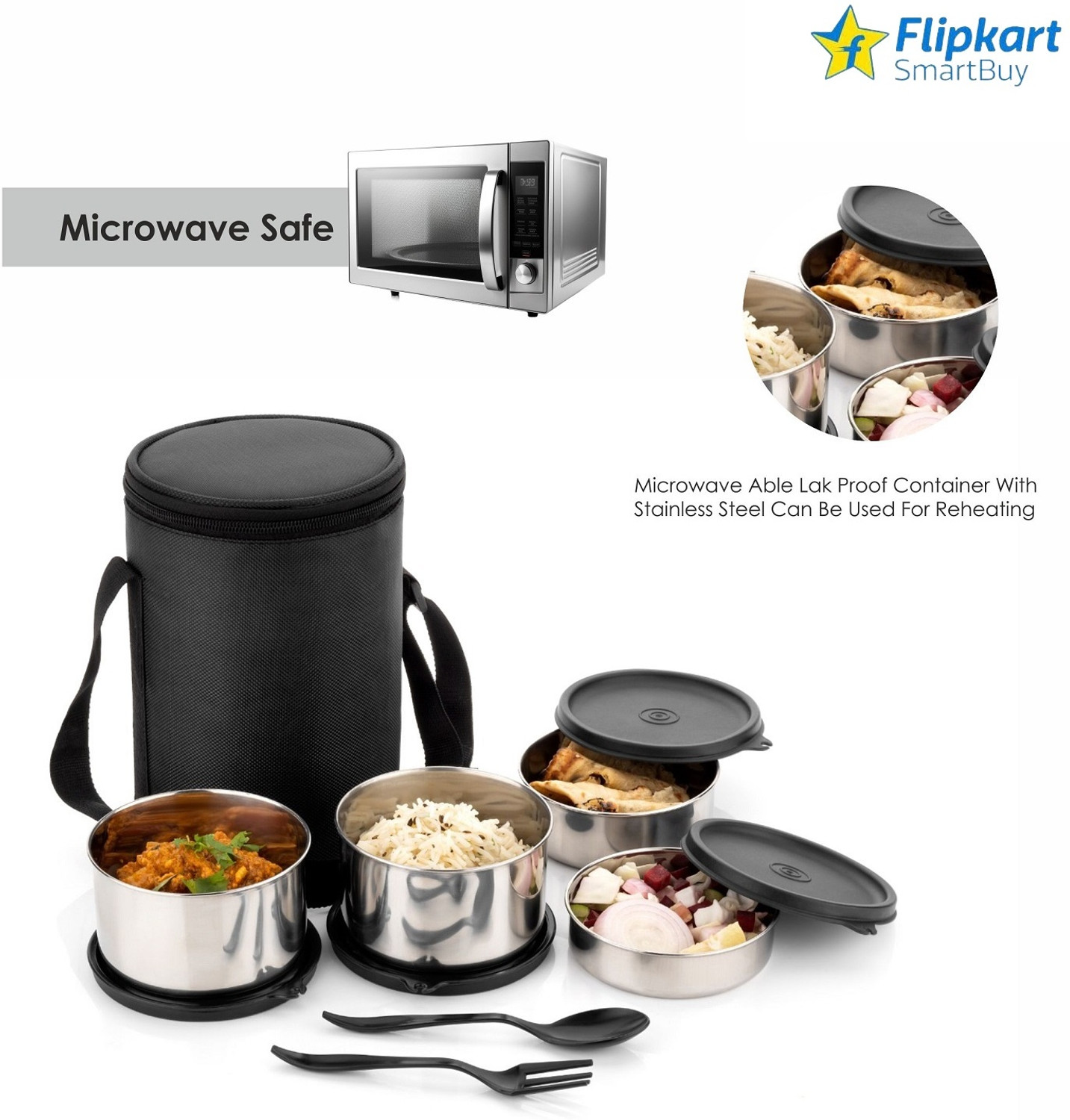 Image of Flipkart SmartBuy WONDERFUL DESIGN OF STAINLESS STEEL LUNCHBOX IN BLACK COLOR WITH SPOON & FORK 4 Containers Stainless Steel Office Lunch Box