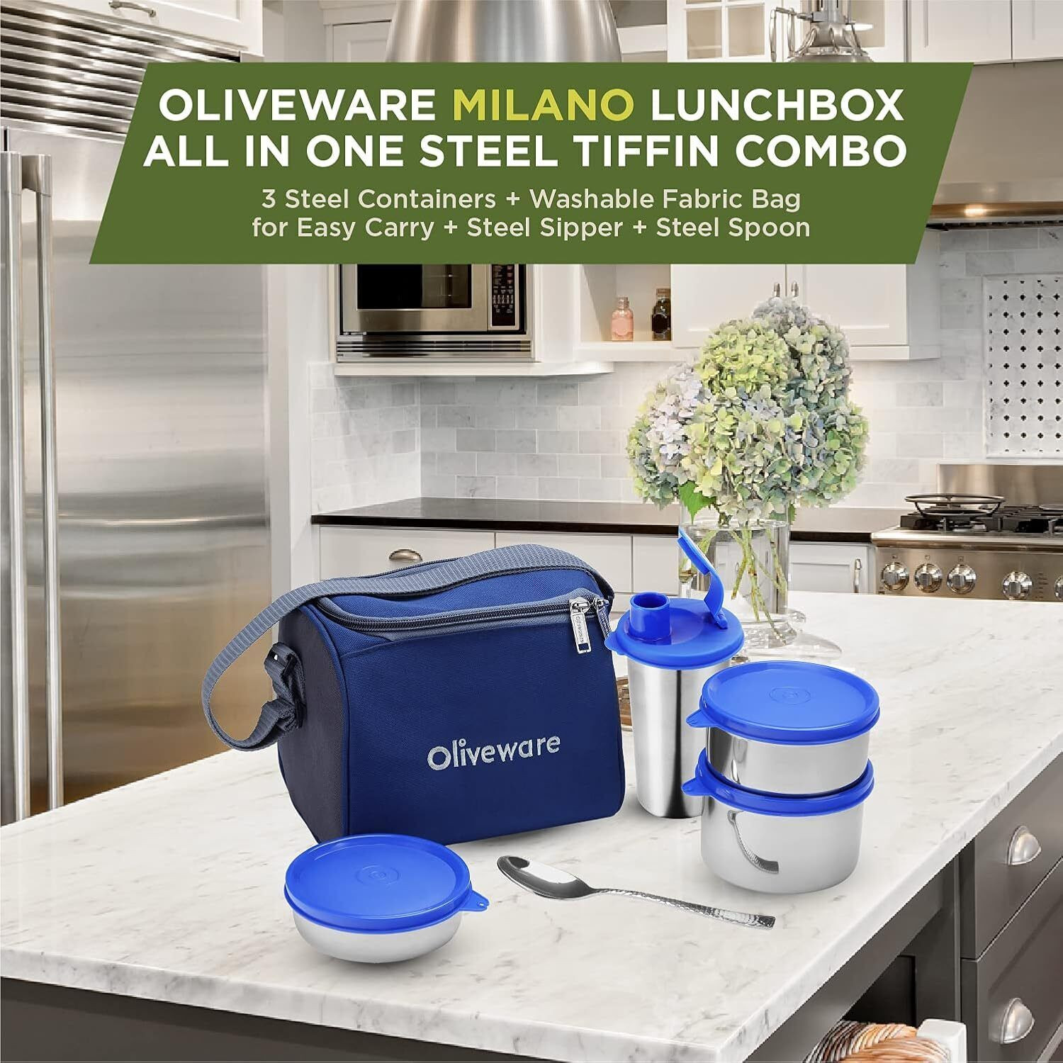 Image of Oliveware Milano 3 Containers Stainless Steel Office Lunch Box