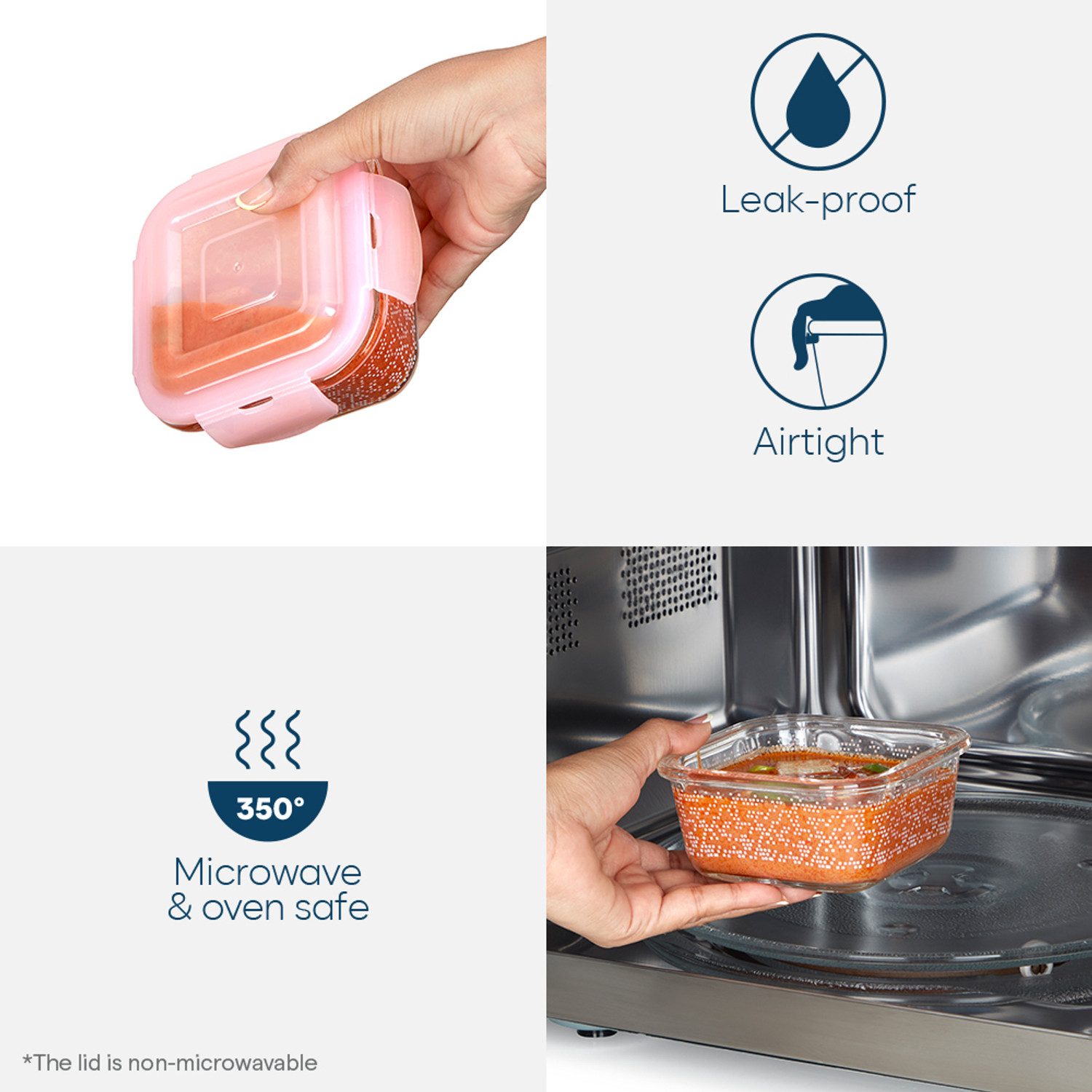Image of Larah by Borosil Speckle Pink Borosilicate Glass Tiffin, (320ml x 2) Horizontal, Square 2 Containers Glass Office Lunch Box