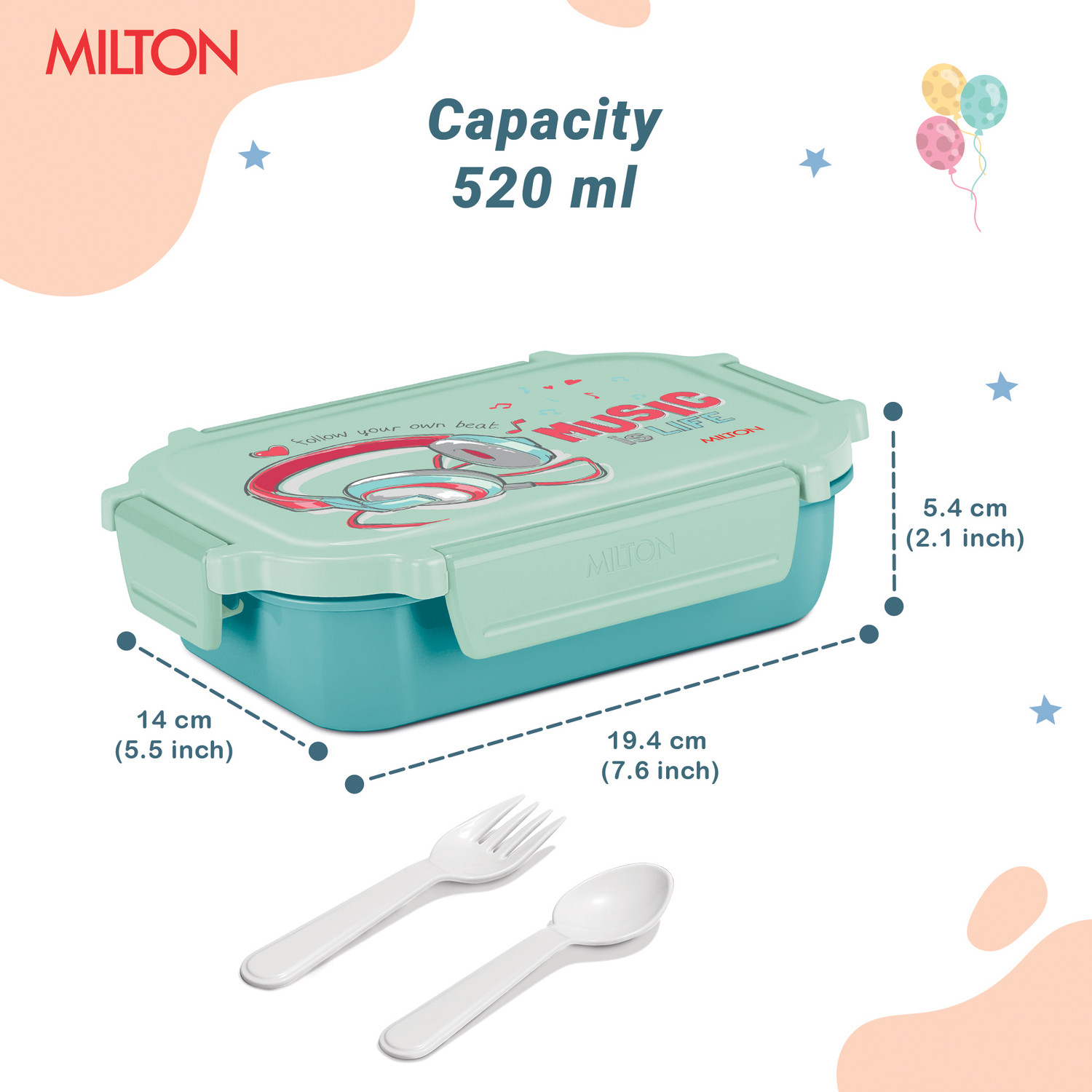 Image of MILTON Sherry Steel Tiffin Lunch Box with inner Steel Container, Spoon & Fork Sky Blue 2 Containers Plastic School Lunch Box (520 ml)
