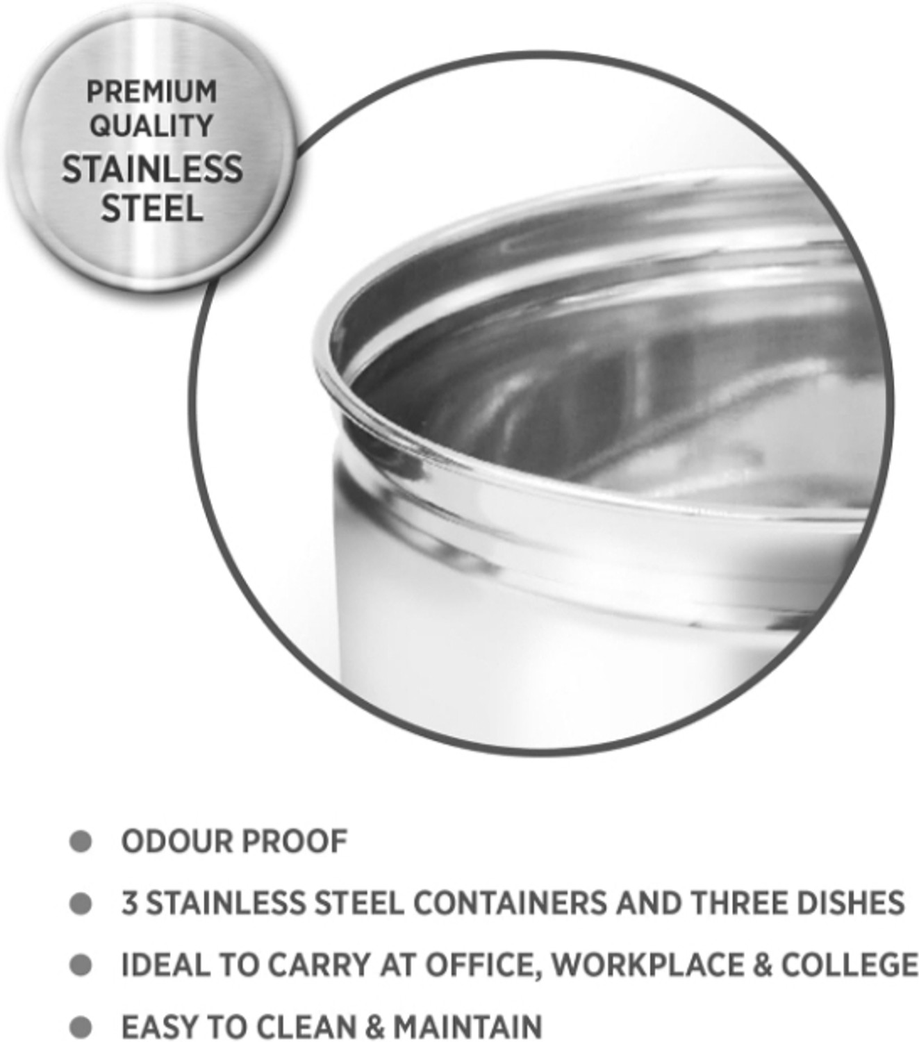 Image of SKYNORA Stainless Steel Lunch Box Leak-Proof 3 Containers 300mlx2 |400mlx1Oval Black 3 Containers Stainless Steel School Lunch Box