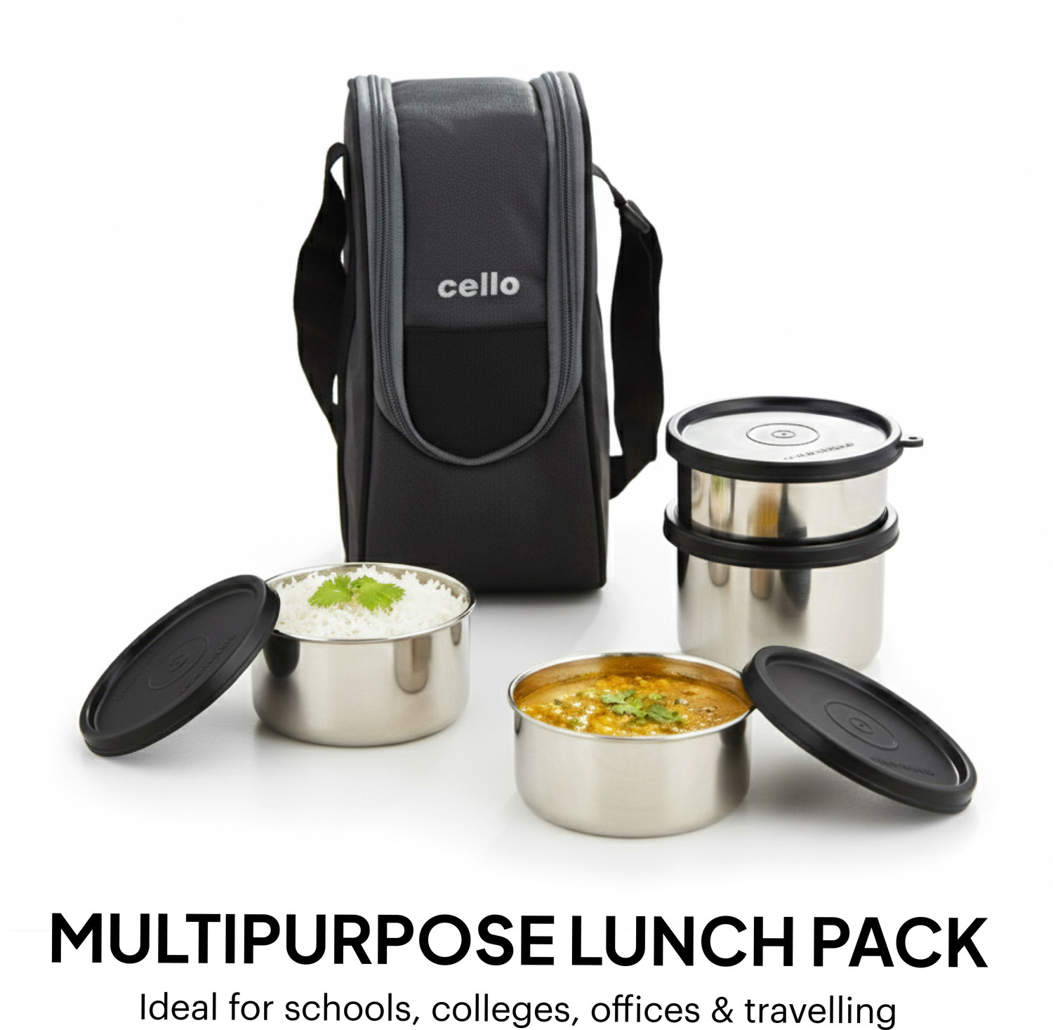 Image of cello Steelox Black Set of 4 (225ml, 375ml, 2 x 550ml) Containers with Bag 4 Containers Stainless Steel Office Lunch Box