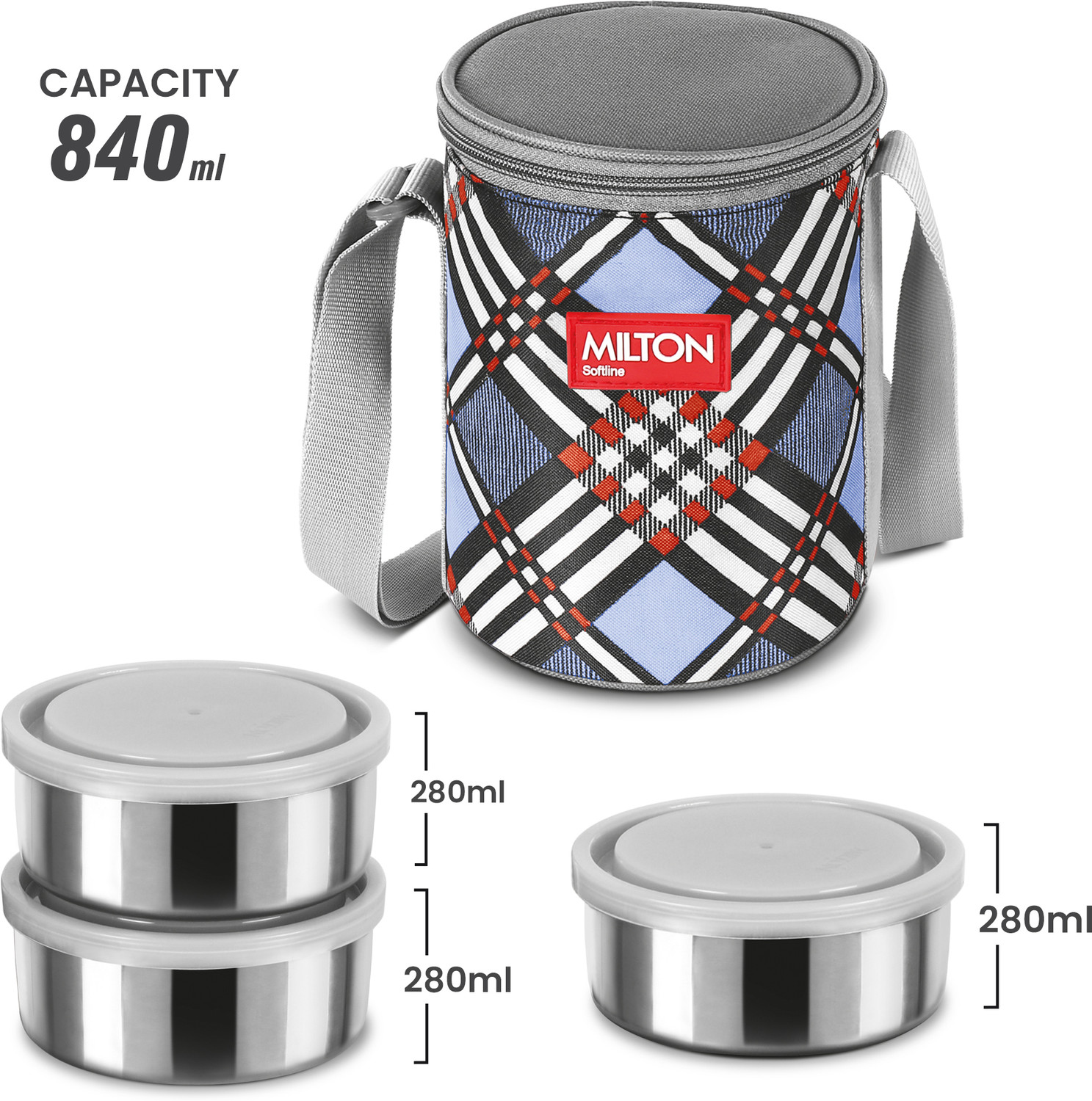 Image of MILTON Steel Treat 3 Stainless Steel Tiffin, 3 Containers, 280 Each with Jacket, Blue 3 Containers Stainless Steel Office Lunch Box