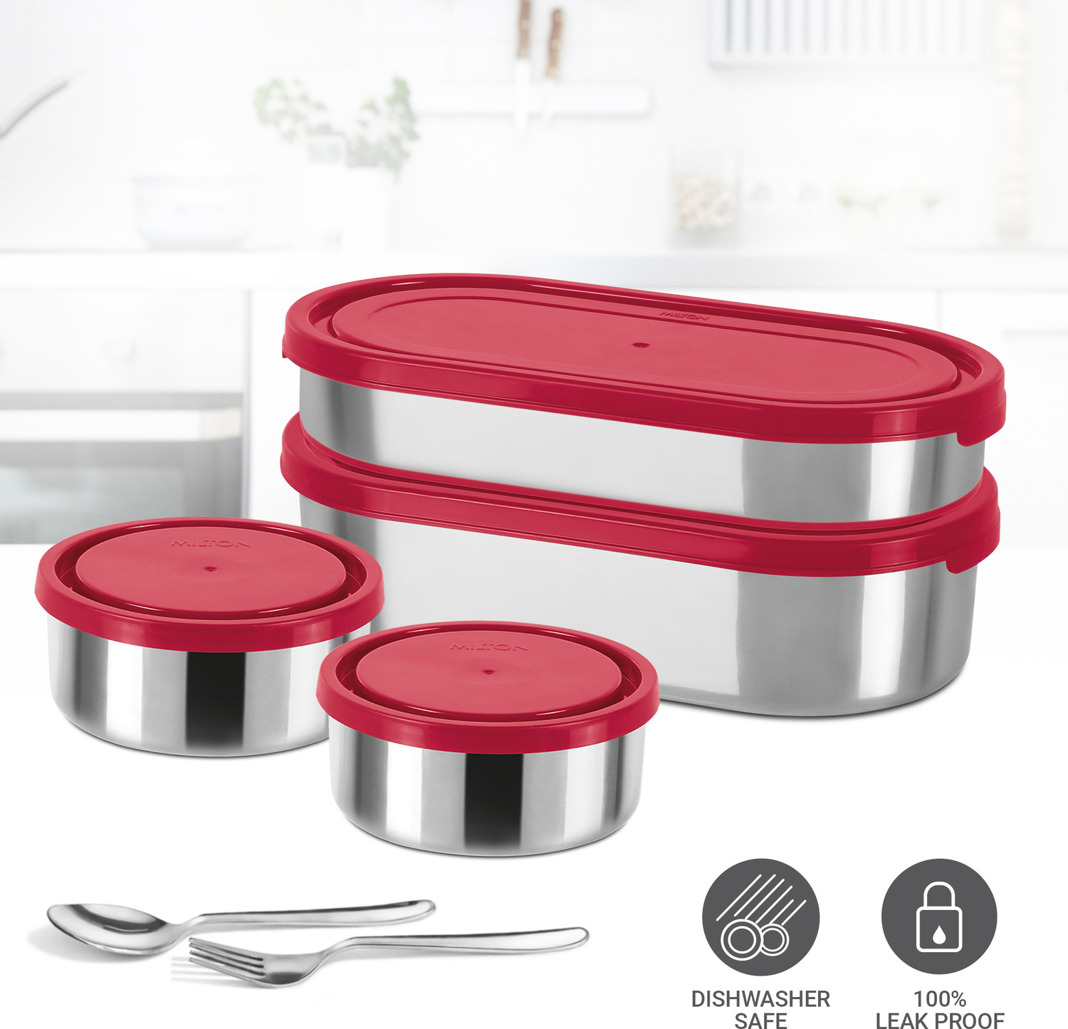 Image of MILTON Triple Decker Stainless Steel Lunch Box With Insulated Jacket, Red 4 Containers Stainless Steel Office Lunch Box