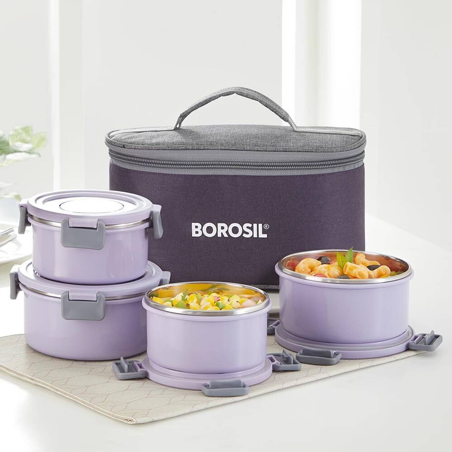 BOROSIL Glory Lavender Microwavable Lunchbox, 4pc Set (280ml x 2 + 460ml x 2),Tiffin 4 Containers Stainless Steel College Lunch Box