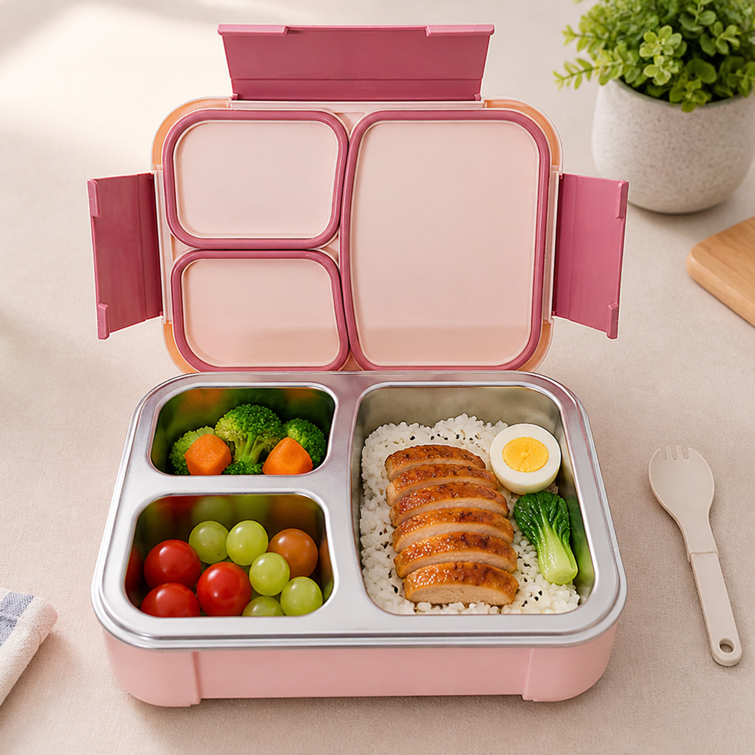 Image of BLLUEX Insulated 3-Section Tiffin Box - Secure Clip Locks, BPA-Free, Leak-Proof Bento 3 Containers Stainless Steel, Plastic School Lunch Box