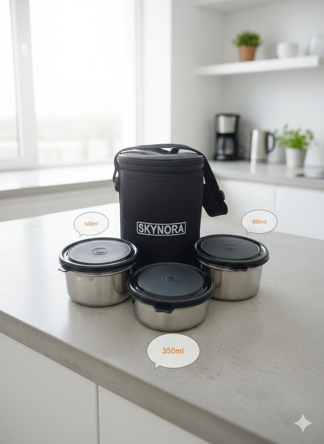 Image of SKYNORA Stainless Steel Lunch Box Containers Size 500mlx2 | 350mlx1 (Black-tiffin box) 2 Containers Stainless Steel Office Lunch Box