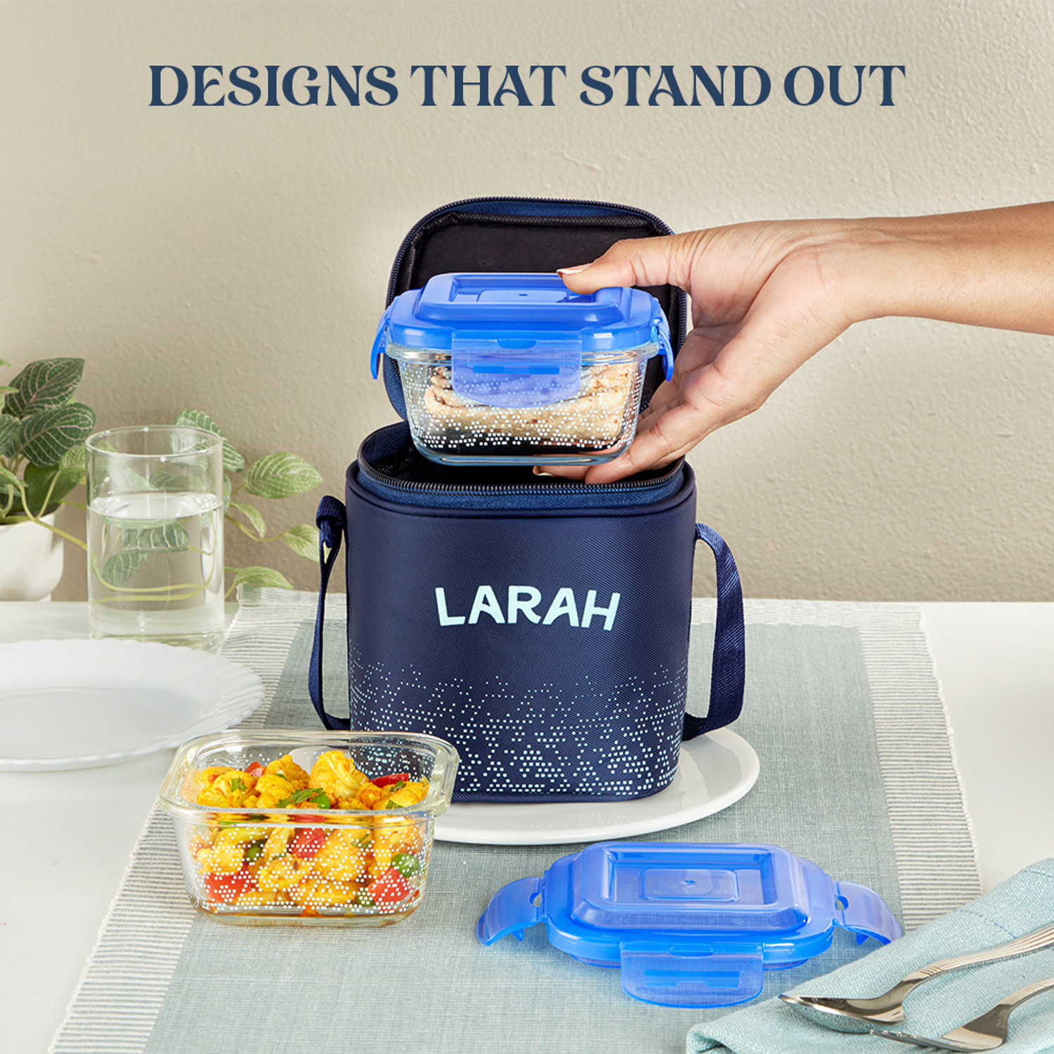 Image of Larah by Borosil Speckle Blue Borosilicate Glass Lunchbox, 2pc Square Set (320ml x 2) Vertical 2 Containers Glass Office Lunch Box