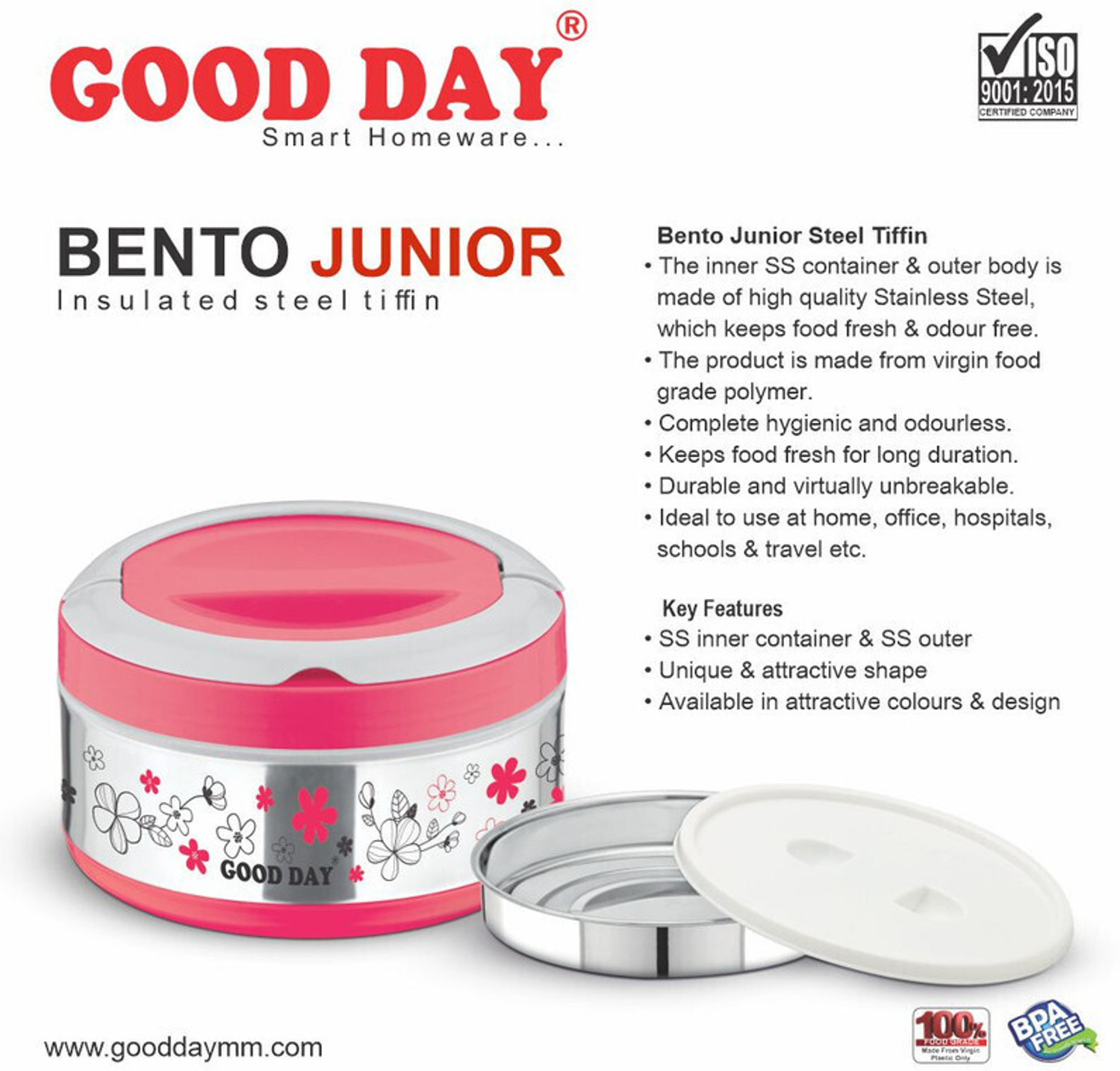 Image of Good Day Bento Jr Insulated Inner Stainless Steel Tiffin Box For Kids 2 Containers Plastic School Lunch Box
