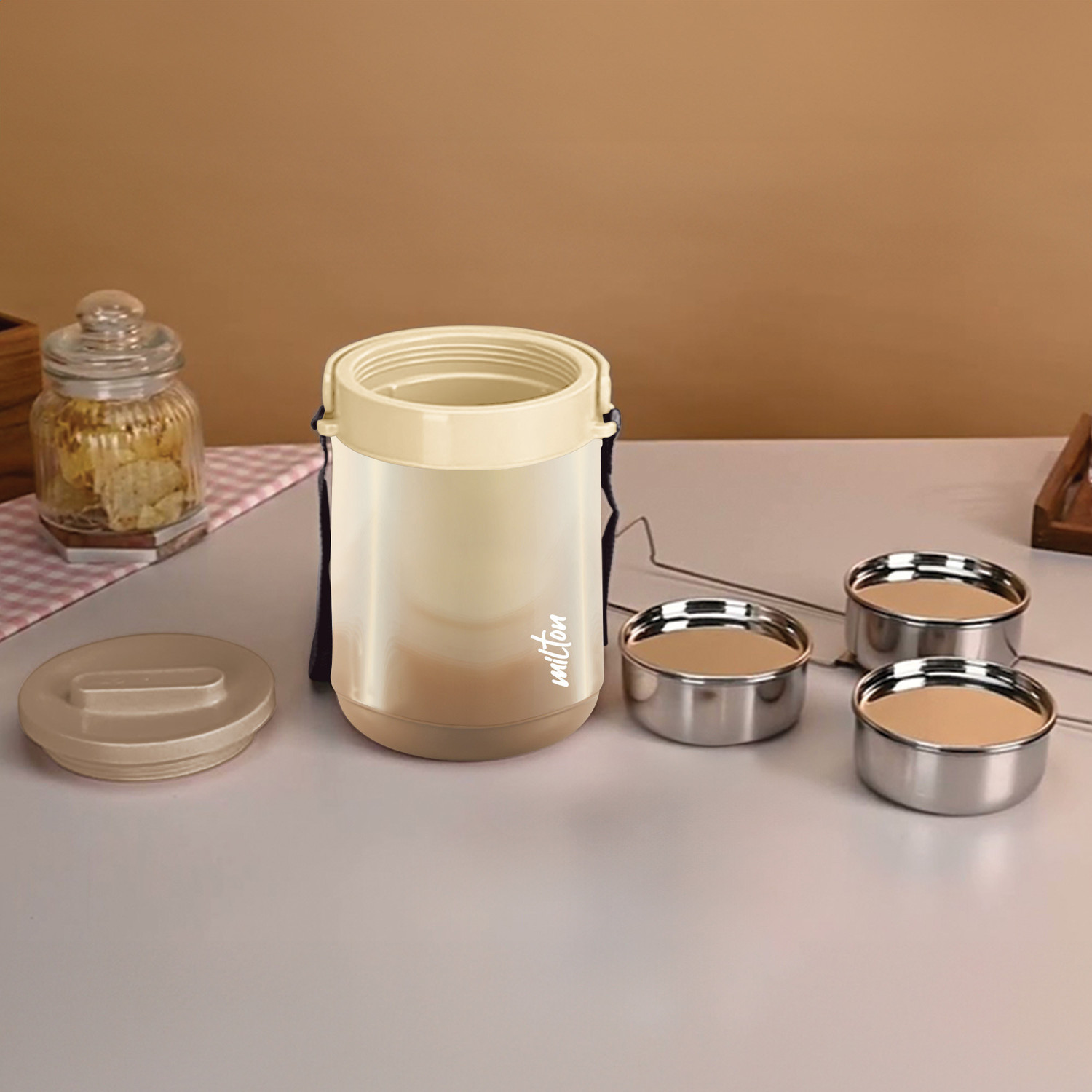 Image of MILTON Gradient Tiffin 3 Stainless Steel Tiffin With Lifter, 3 Container 900ml, Brown 3 Containers Stainless Steel Office Lunch Box