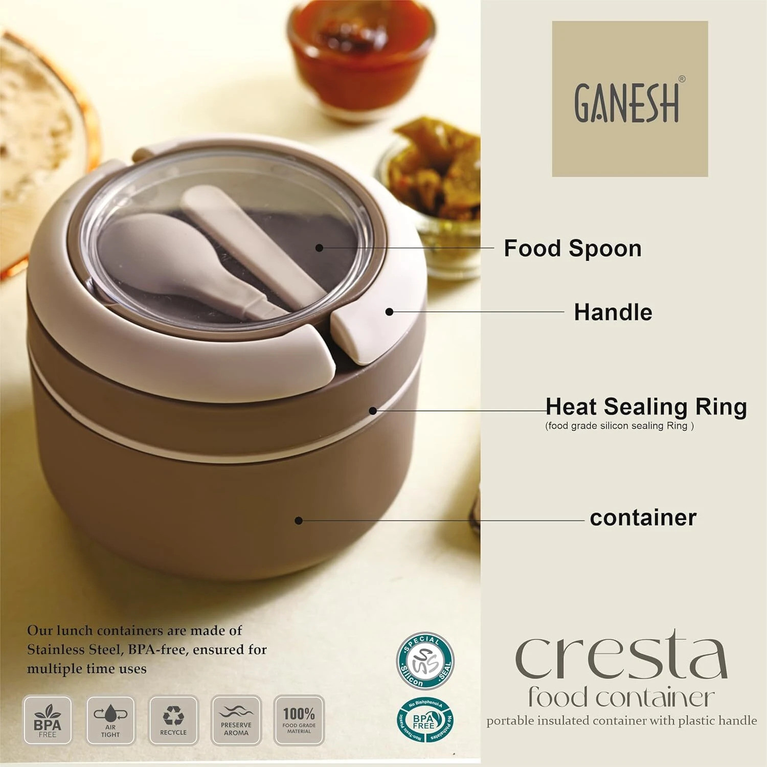 Image of Ganesh Cresta Food Insulated Airtight Leak-Proof Lunch Box for Office, School 1 Containers Stainless Steel, Plastic Office Lunch Box