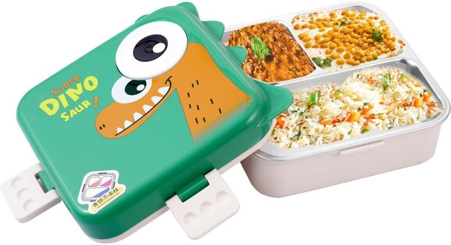 Image of FLOWN ENTERPRISE Super Dino Lunch Box 2 Layer Stainless Steel 6 Containers Plastic School Lunch Box