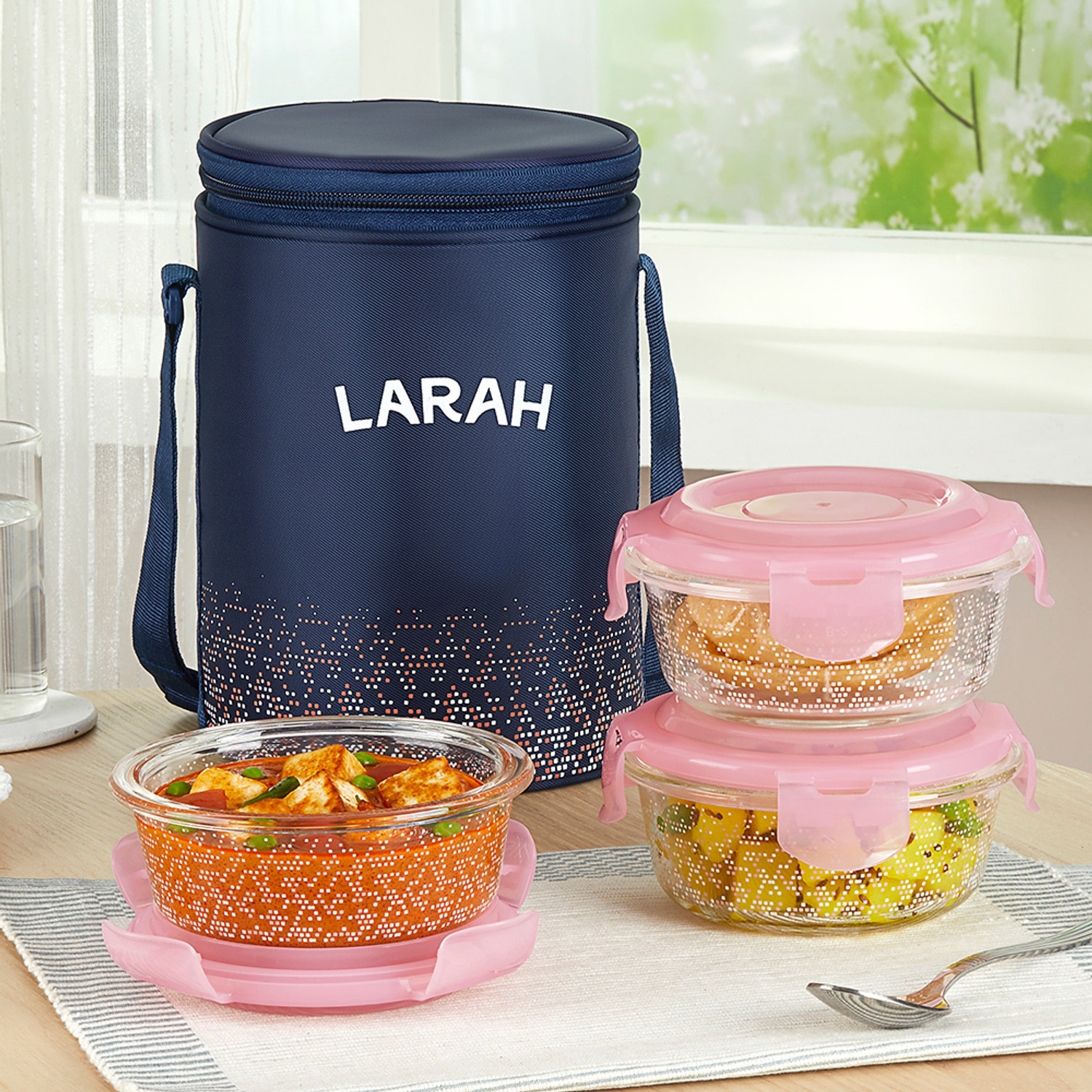 Image of Larah by Borosil Speckle Pink Borosilicate Glass Lunchbox, 3pc Round Set (400ml x 3) Tiffin 3 Containers Glass Office Lunch Box